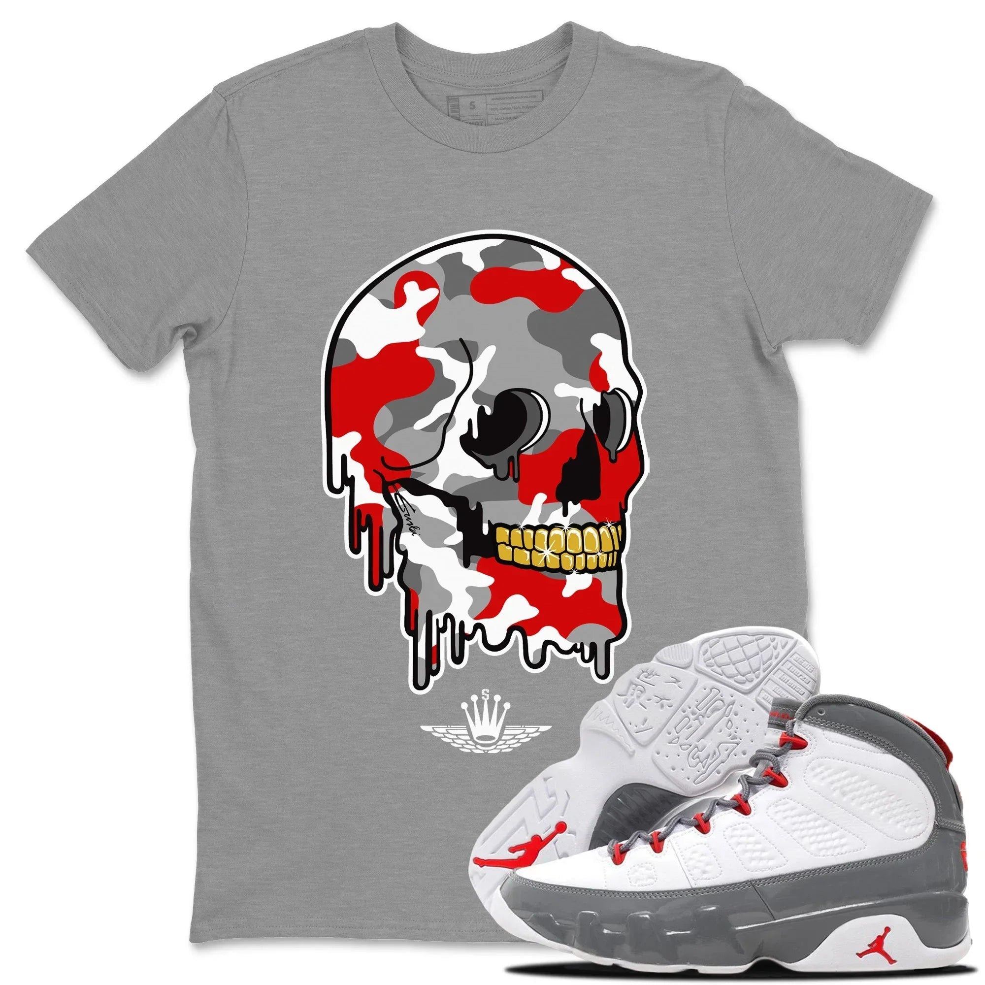 Jordan 9 Fire Red Shirt To Match Jordans Dripping Camo Skull Sneaker Tees Jordan 9 Fire Red Drip Gear Zone Sneaker Matching Clothing Unisex Shirts