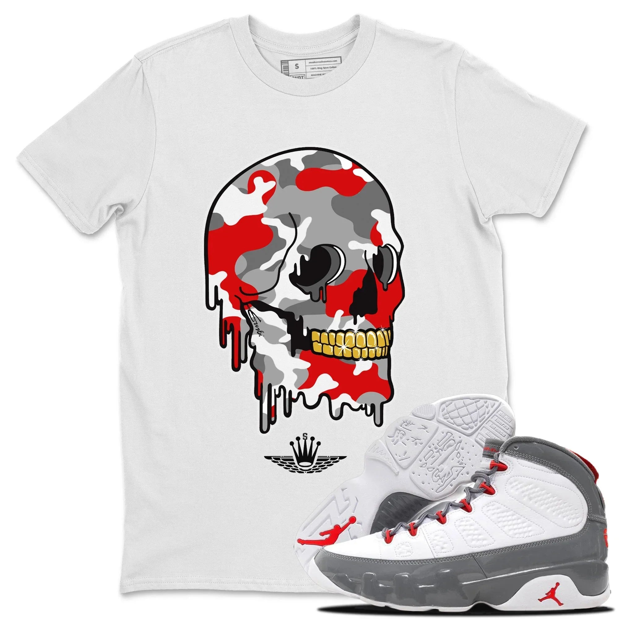 Jordan 9 Fire Red Shirt To Match Jordans Dripping Camo Skull Sneaker Tees Jordan 9 Fire Red Drip Gear Zone Sneaker Matching Clothing Unisex Shirts