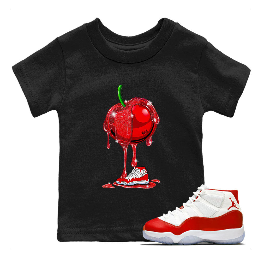 Air Jordan 11 Cherry Sneaker Match Tees Dripping Cherries Streetwear Sneaker Shirt 11s Retro Cherry Drip Gear Zone Sneaker Matching Clothing Kids and Baby Youth Shirts Black 1