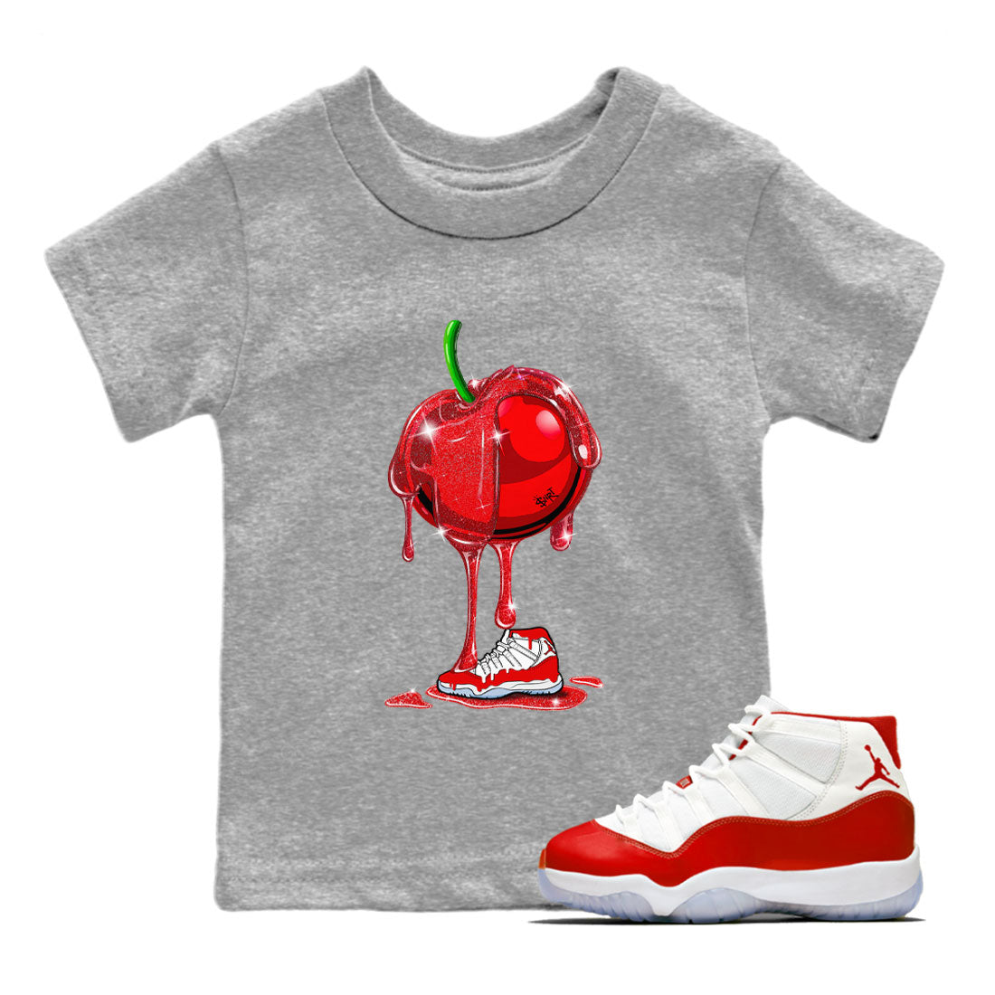Air Jordan 11 Cherry Sneaker Match Tees Dripping Cherries Streetwear Sneaker Shirt 11s Retro Cherry Drip Gear Zone Sneaker Matching Clothing Kids and Baby Youth Shirts Heather Grey 1