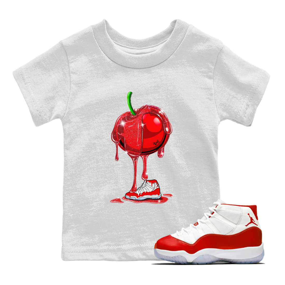 Air Jordan 11 Cherry Sneaker Match Tees Dripping Cherries Streetwear Sneaker Shirt 11s Retro Cherry Drip Gear Zone Sneaker Matching Clothing Kids and Baby Youth Shirts White 1