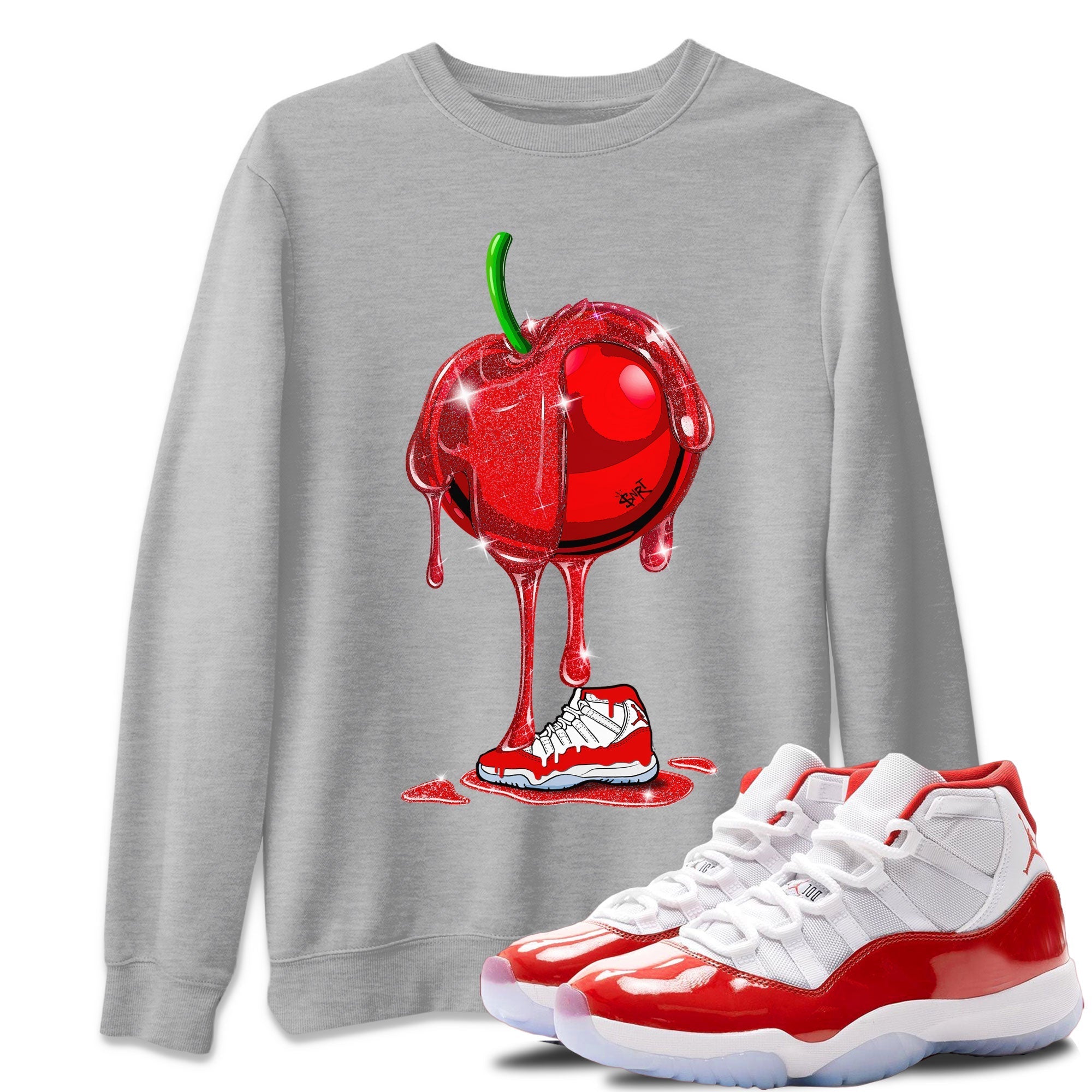 Air Jordan 11 Cherry Sneaker Match Tees Dripping Cherries Streetwear Sneaker Shirt 11s Retro Cherry Drip Gear Zone Sneaker Matching Clothing Unisex Shirts Heather Grey 1