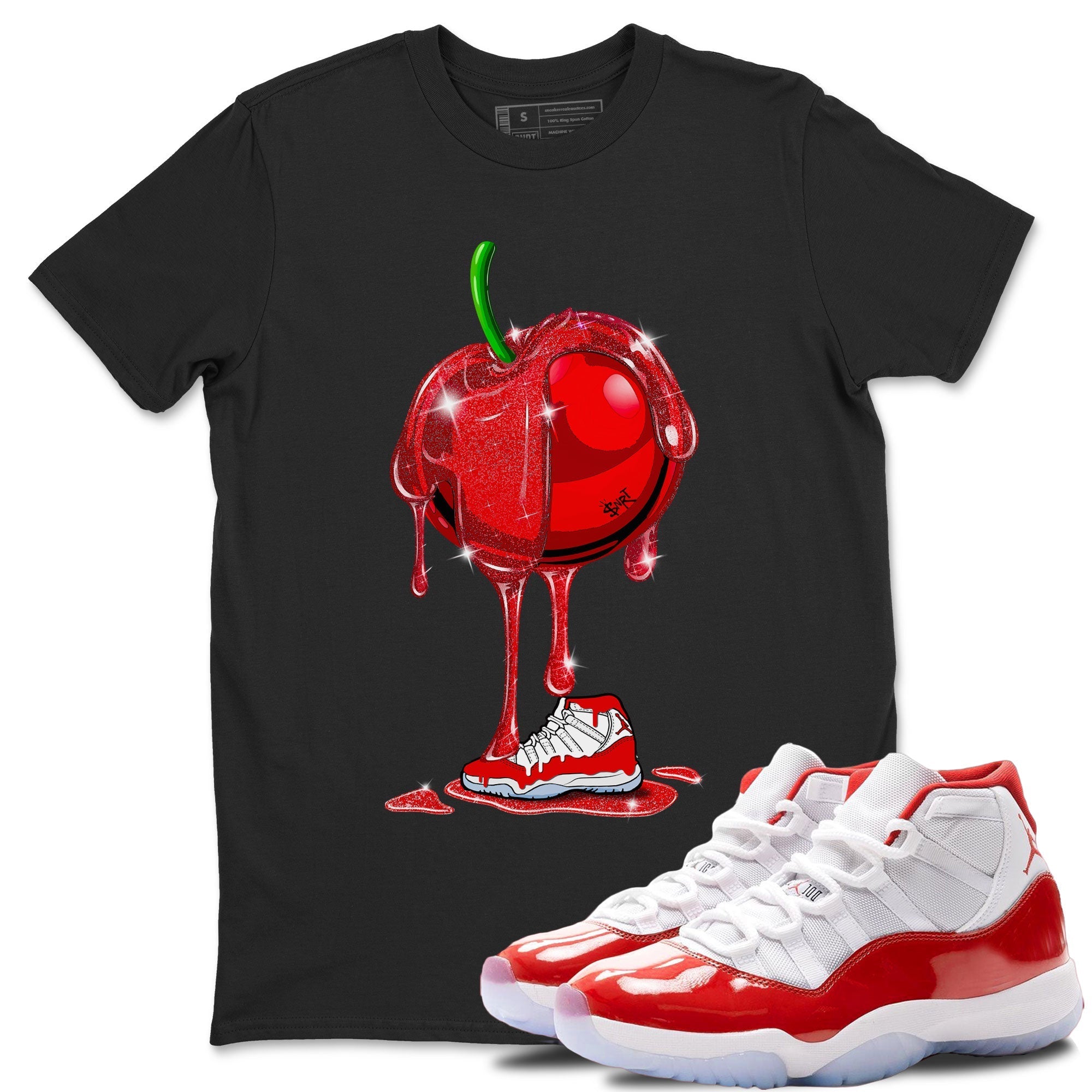 Air Jordan 11 Cherry Sneaker Match Tees Dripping Cherries Streetwear Sneaker Shirt 11s Retro Cherry Drip Gear Zone Sneaker Matching Clothing Unisex Shirts Black 1