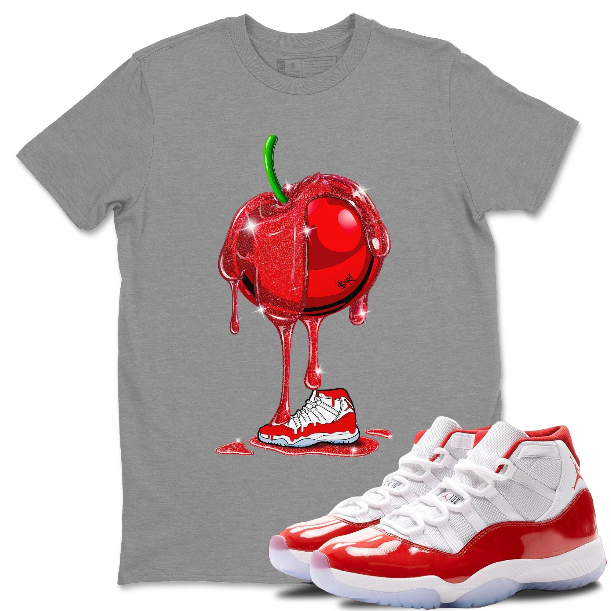 Air Jordan 11 Cherry Sneaker Match Tees Dripping Cherries Streetwear Sneaker Shirt 11s Retro Cherry Drip Gear Zone Sneaker Matching Clothing Unisex Shirts Heather Grey 1