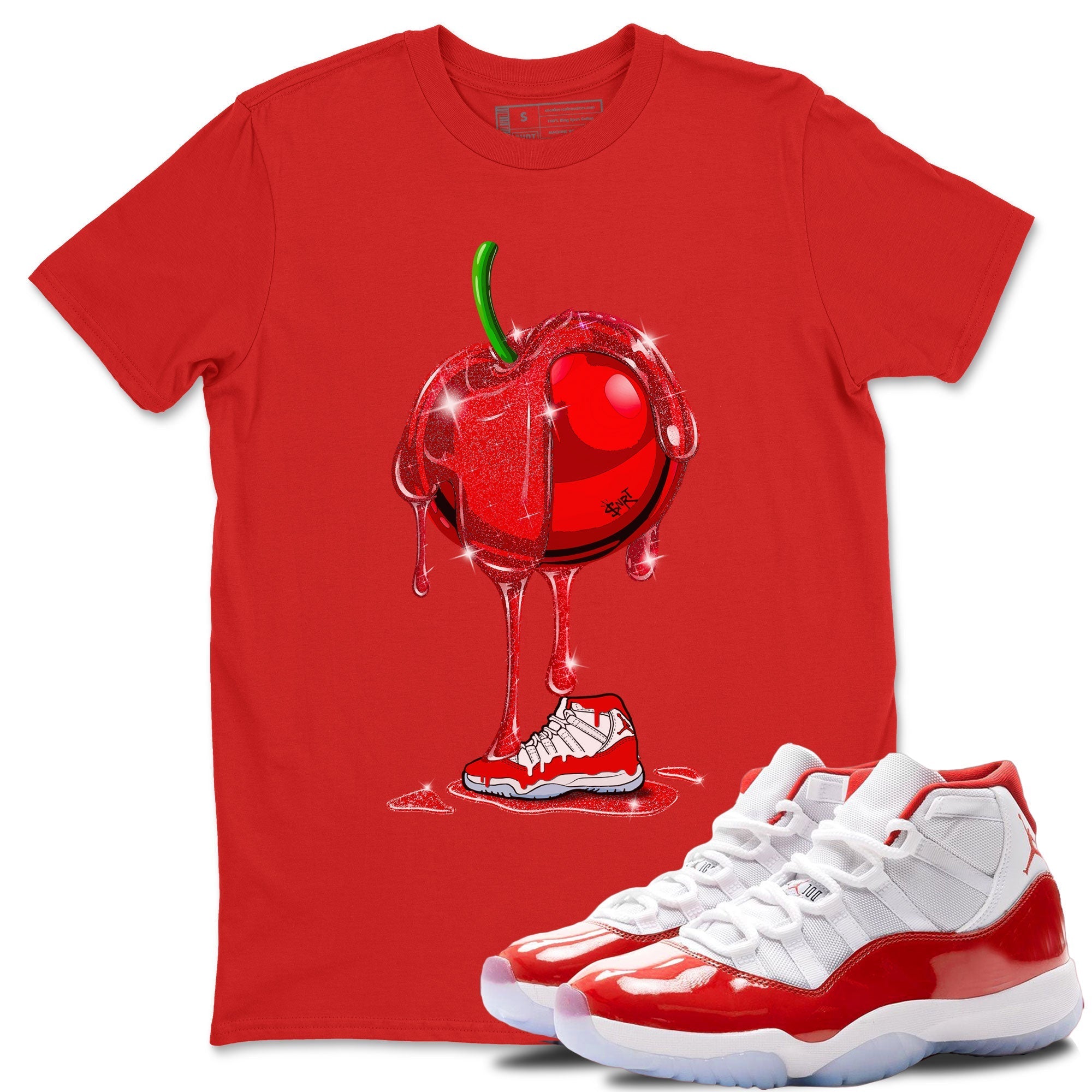 Air Jordan 11 Cherry Sneaker Match Tees Dripping Cherries Streetwear Sneaker Shirt 11s Retro Cherry Drip Gear Zone Sneaker Matching Clothing Unisex Shirts Red 1