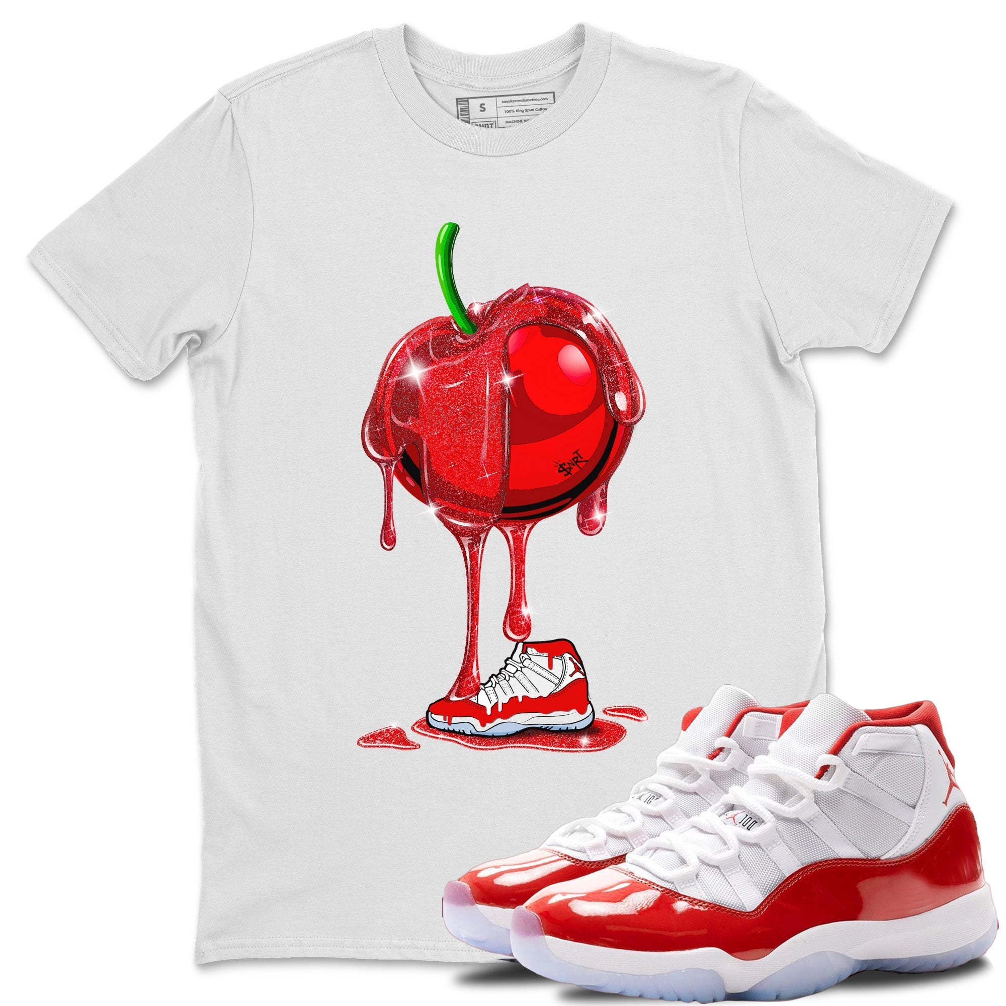 Air Jordan 11 Cherry Sneaker Match Tees Dripping Cherries Streetwear Sneaker Shirt 11s Retro Cherry Drip Gear Zone Sneaker Matching Clothing Unisex Shirts White 1