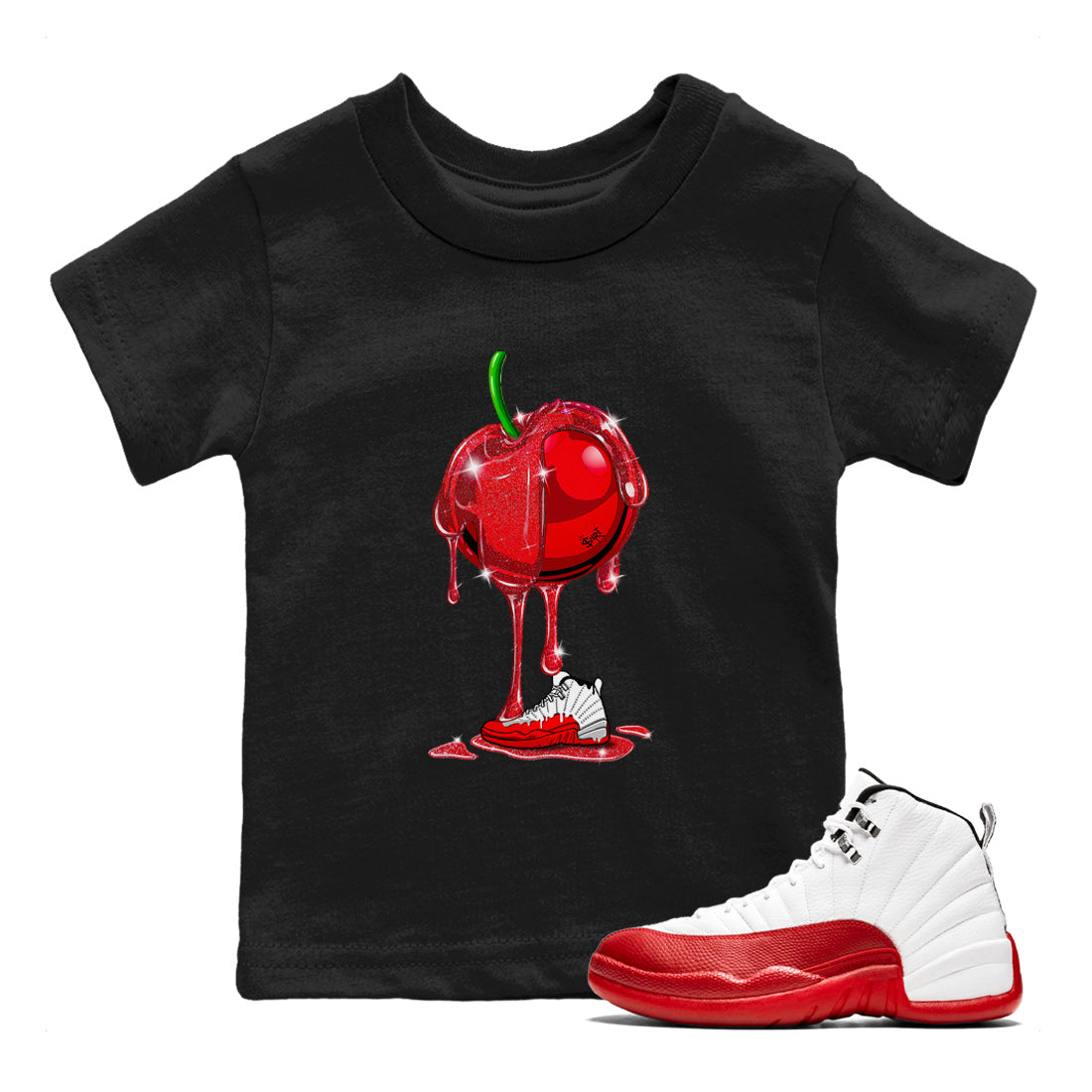 Air Jordan 12 Cherry Sneaker Match Tees Dripping Cherries Streetwear Sneaker Shirt Air Jordan 12 Cherry Drip Gear Zone Sneaker Matching Clothing Kids and Baby Youth Shirts Black 1
