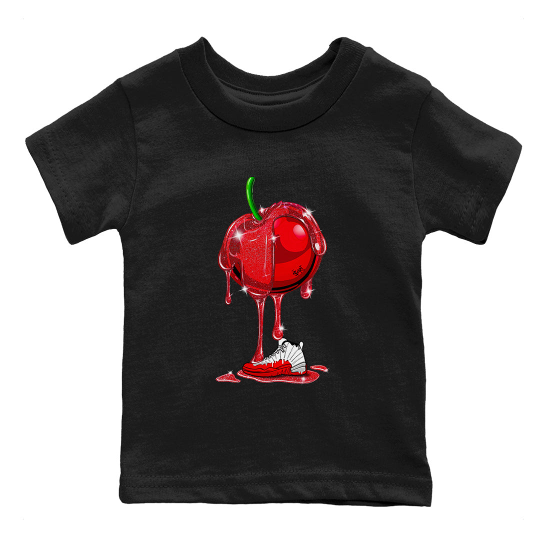 Air Jordan 12 Cherry Sneaker Match Tees Dripping Cherries Streetwear Sneaker Shirt Air Jordan 12 Cherry Drip Gear Zone Sneaker Matching Clothing Kids and Baby Youth Shirts Black 2