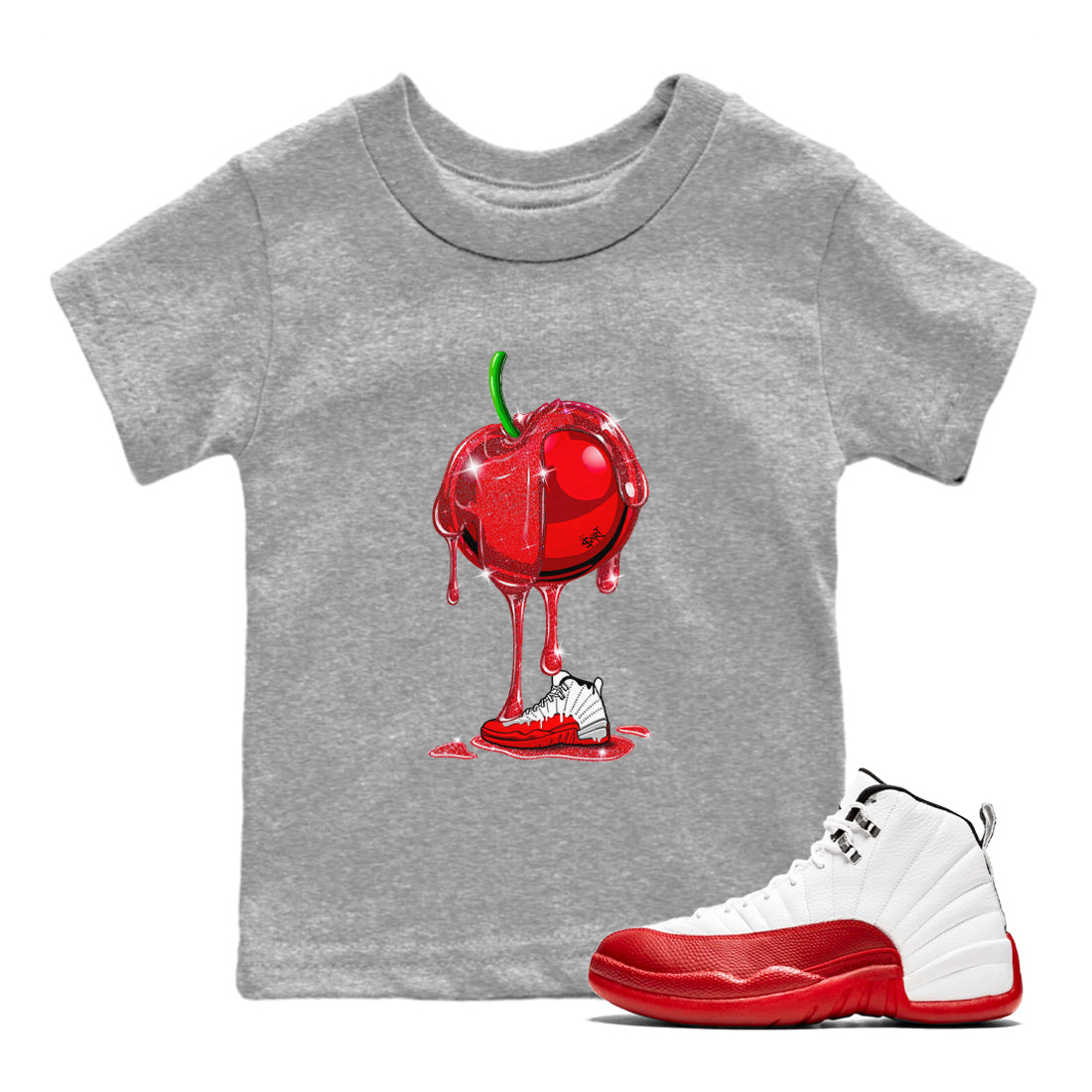 Air Jordan 12 Cherry Sneaker Match Tees Dripping Cherries Streetwear Sneaker Shirt Air Jordan 12 Cherry Drip Gear Zone Sneaker Matching Clothing Kids and Baby Youth Shirts Heather Grey 1