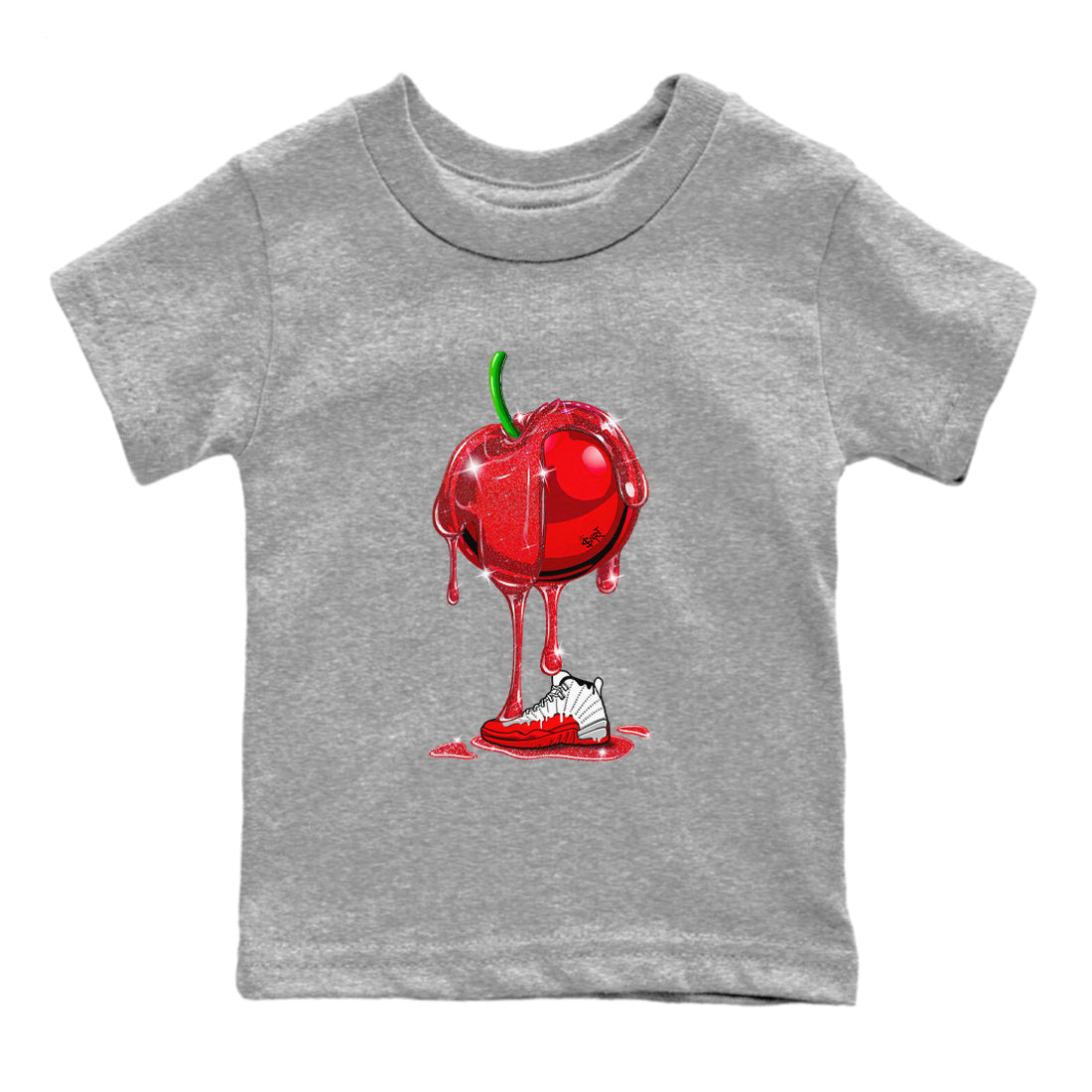 Air Jordan 12 Cherry Sneaker Match Tees Dripping Cherries Streetwear Sneaker Shirt Air Jordan 12 Cherry Drip Gear Zone Sneaker Matching Clothing Kids and Baby Youth Shirts Heather Grey 2