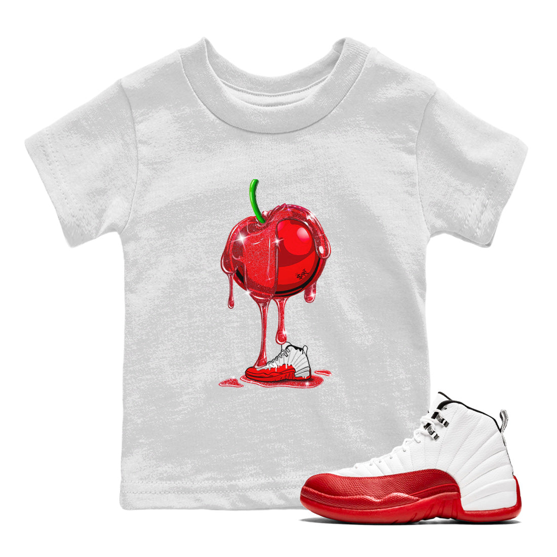 Air Jordan 12 Cherry Sneaker Match Tees Dripping Cherries Streetwear Sneaker Shirt Air Jordan 12 Cherry Drip Gear Zone Sneaker Matching Clothing Kids and Baby Youth Shirts White 1