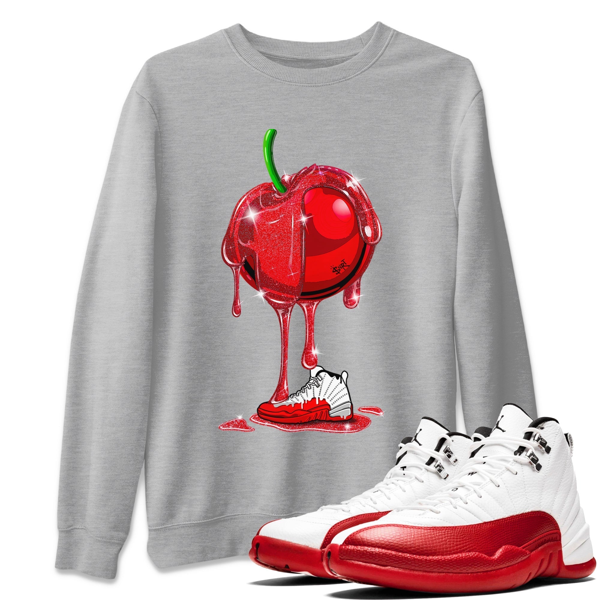 Air Jordan 12 Cherry Sneaker Match Tees Dripping Cherries Streetwear Sneaker Shirt Air Jordan 12 Cherry Drip Gear Zone Sneaker Matching Clothing Unisex Shirts Heather Grey 1