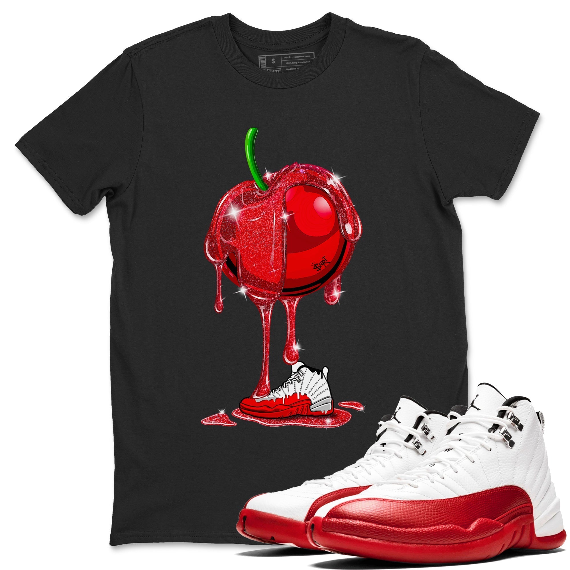 Air Jordan 12 Cherry Sneaker Match Tees Dripping Cherries Streetwear Sneaker Shirt Air Jordan 12 Cherry Drip Gear Zone Sneaker Matching Clothing Unisex Shirts Black 1