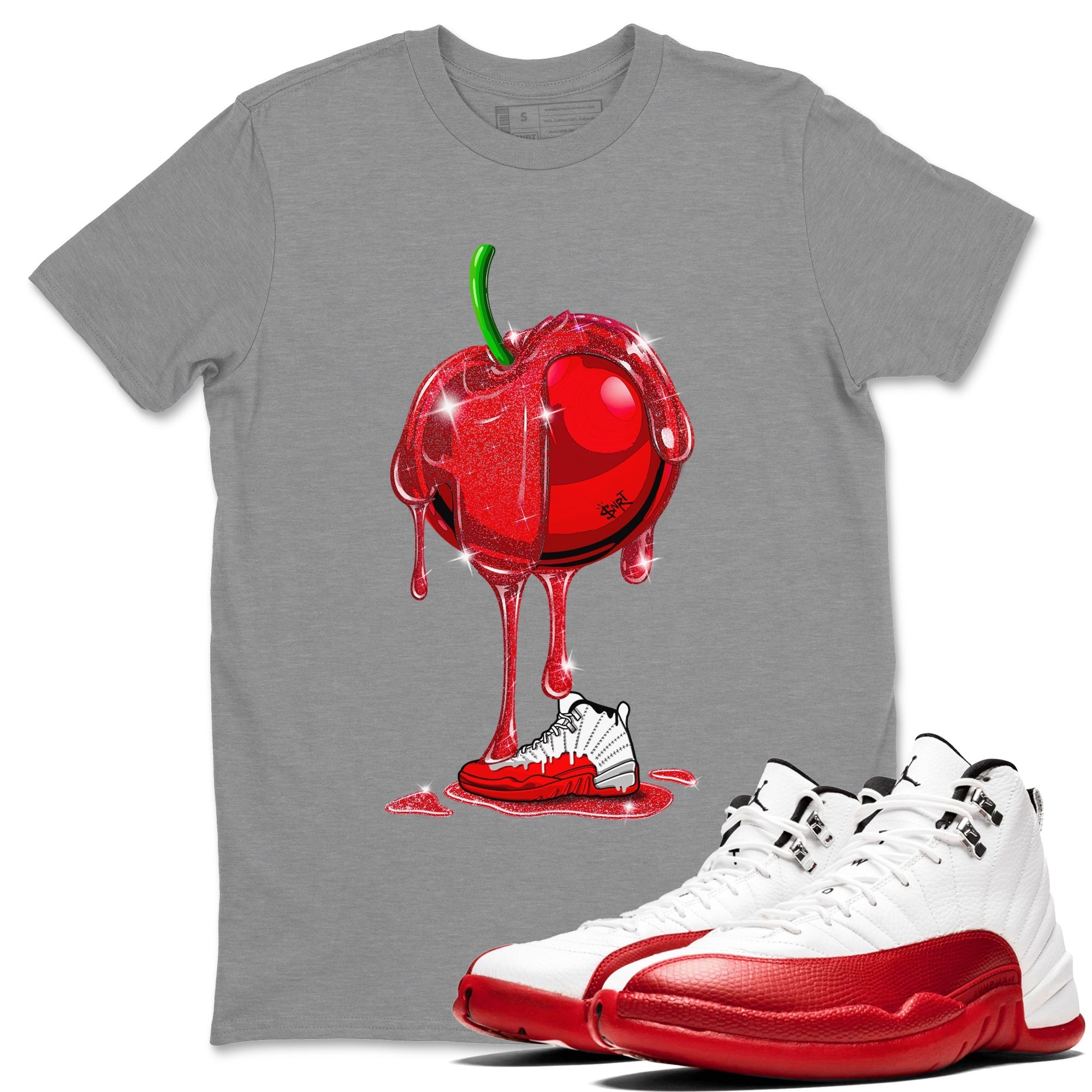 Air Jordan 12 Cherry Sneaker Match Tees Dripping Cherries Streetwear Sneaker Shirt Air Jordan 12 Cherry Drip Gear Zone Sneaker Matching Clothing Unisex Shirts Heather Grey 1