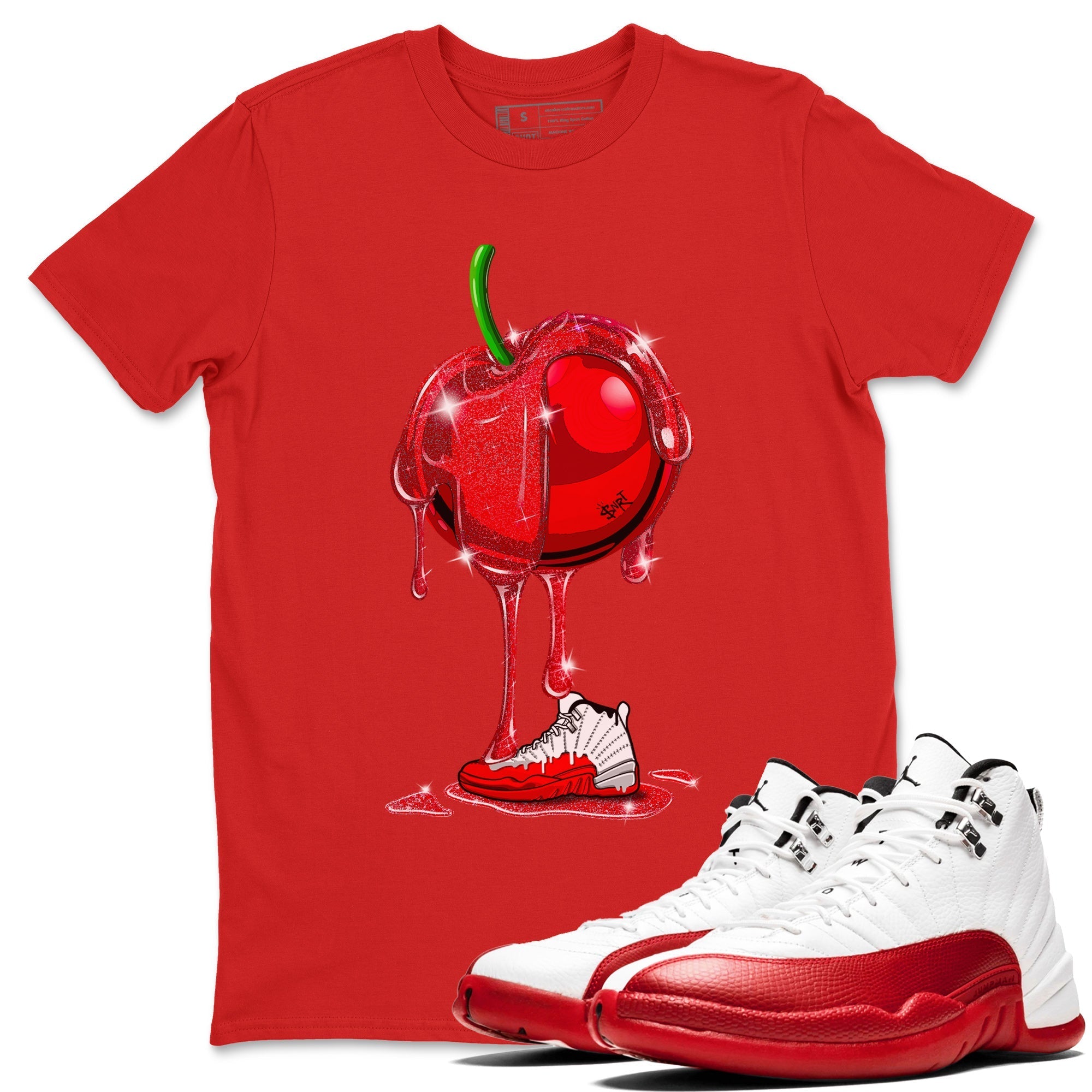 Air Jordan 12 Cherry Sneaker Match Tees Dripping Cherries Streetwear Sneaker Shirt Air Jordan 12 Cherry Drip Gear Zone Sneaker Matching Clothing Unisex Shirts Red 1