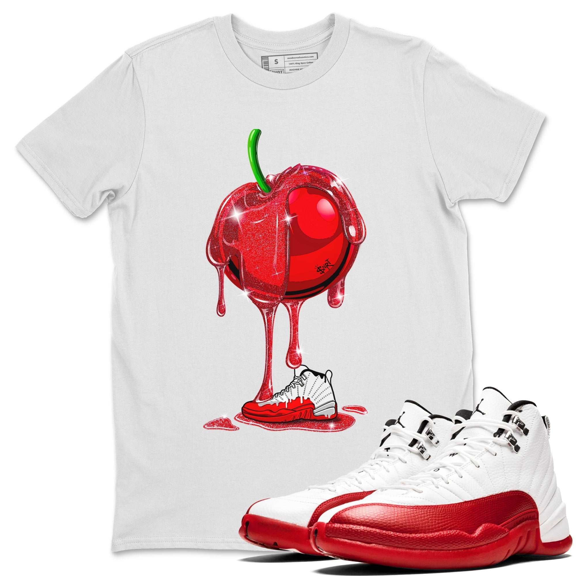 Air Jordan 12 Cherry Sneaker Match Tees Dripping Cherries Streetwear Sneaker Shirt Air Jordan 12 Cherry Drip Gear Zone Sneaker Matching Clothing Unisex Shirts White 1