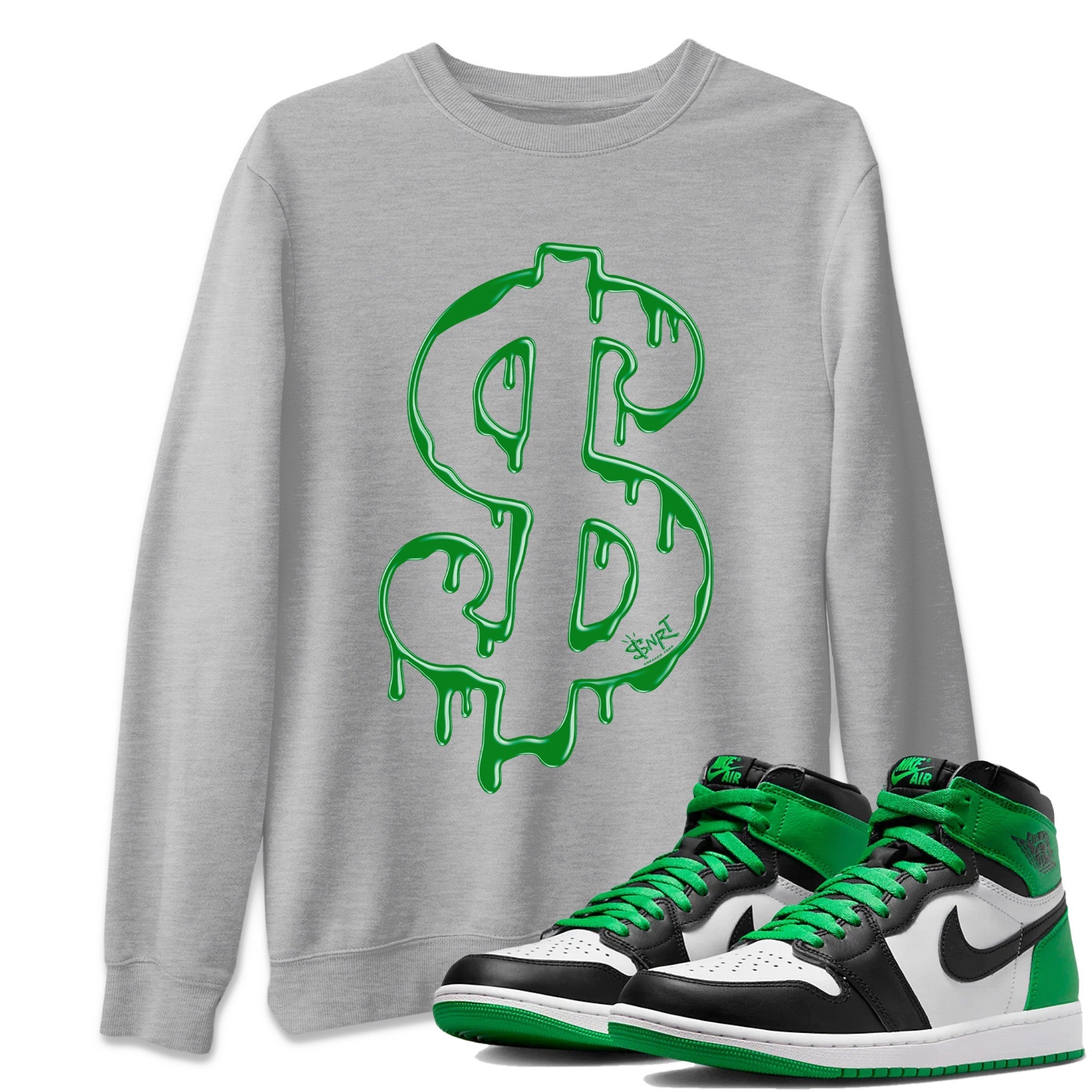 Air Jordan 1 Celtics Sneaker Match Tees Dripping Dollar Streetwear Sneaker Shirt Air Jordan 1 High OG Celtics Sneaker Release Tees Unisex Shirts Heather Grey 1