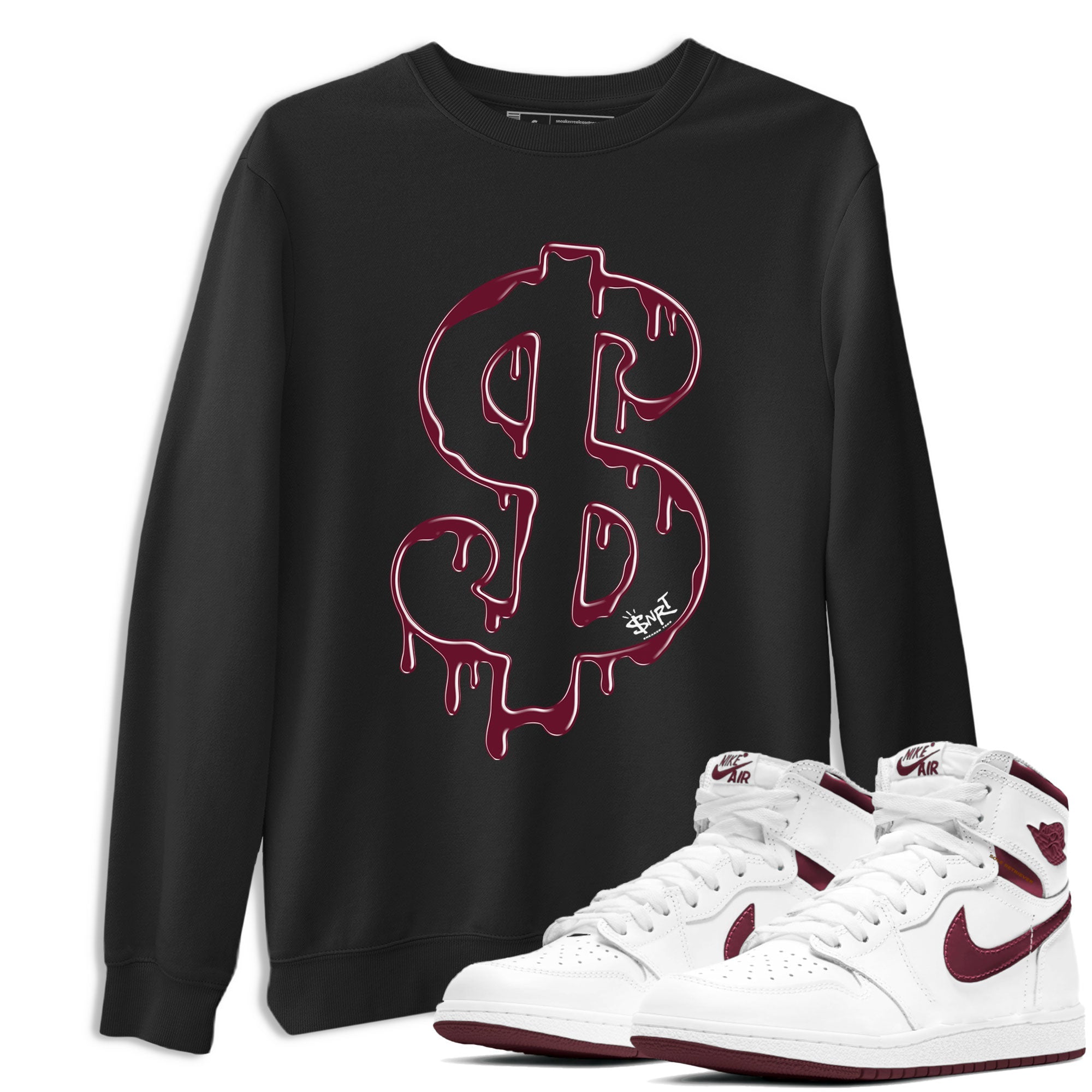 AJ1 Metallic Burgundy shirt to match jordans Dripping Dollar sneaker match tee Air Jordan 1 Metallic Burgundy Drip Gear Zone unisex cotton Black 1 crew neck shirt
