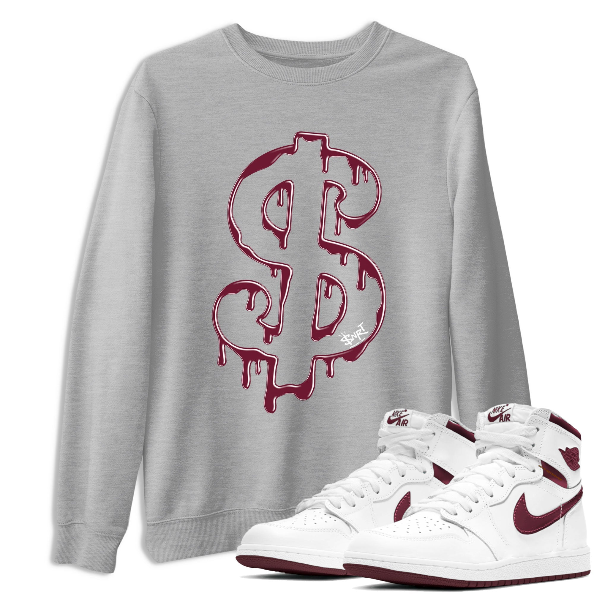 AJ1 Metallic Burgundy shirt to match jordans Dripping Dollar sneaker match tee Air Jordan 1 Metallic Burgundy Drip Gear Zone unisex cotton Heather Grey 1 crew neck shirt