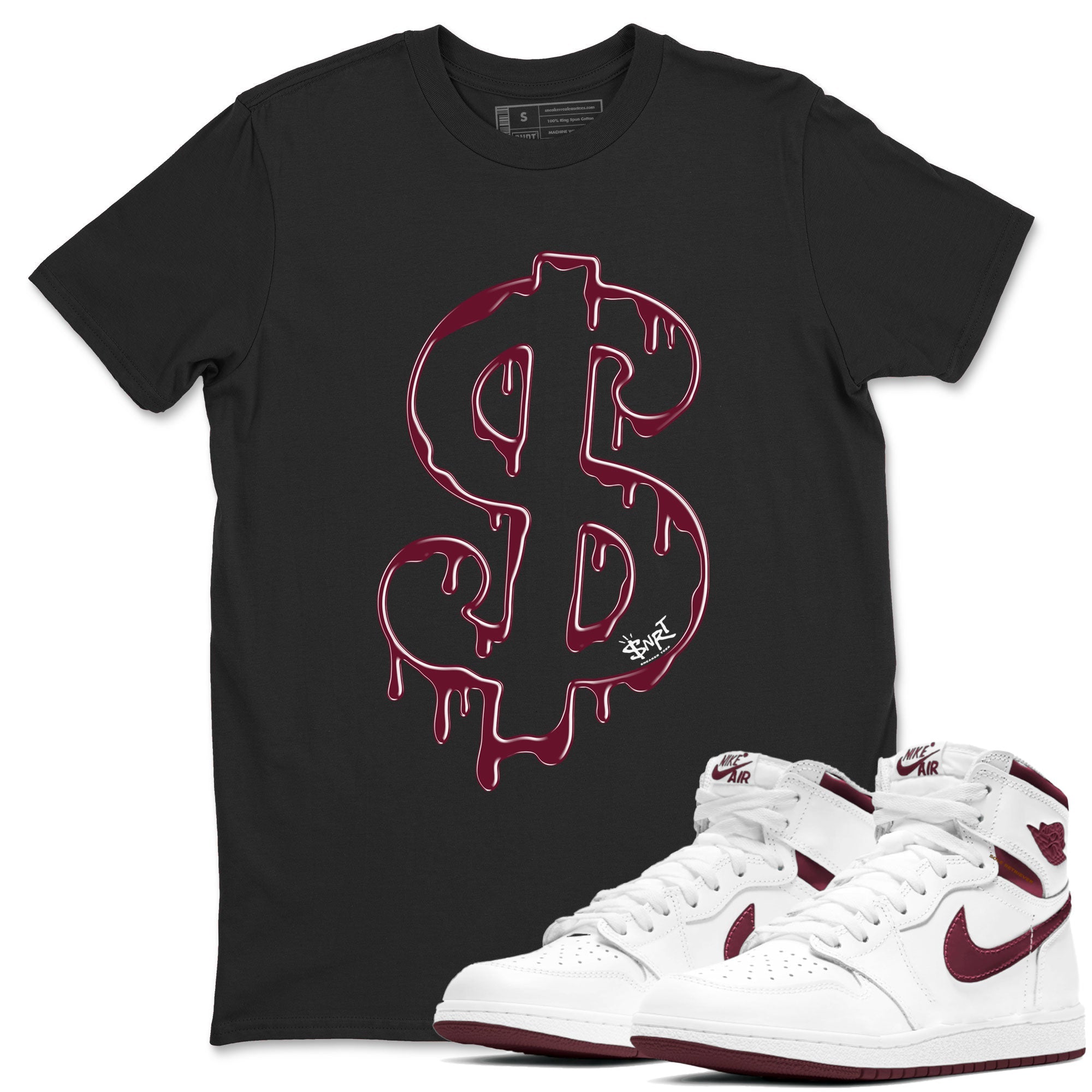 AJ1 Metallic Burgundy shirt to match jordans Dripping Dollar sneaker match tee Air Jordan 1 Metallic Burgundy Drip Gear Zone unisex cotton Black 1 crew neck shirt