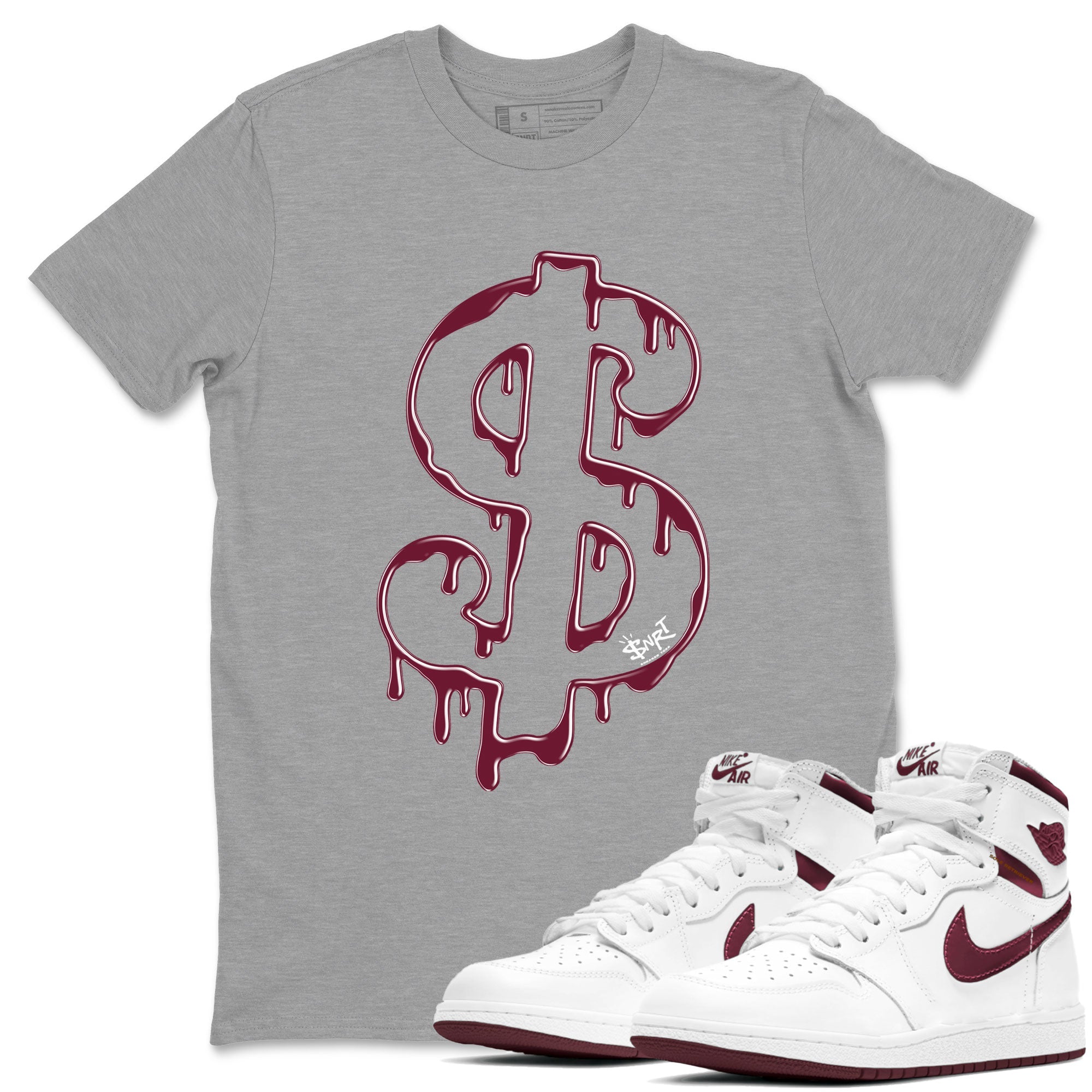 AJ1 Metallic Burgundy shirt to match jordans Dripping Dollar sneaker match tee Air Jordan 1 Metallic Burgundy Drip Gear Zone unisex cotton Heather Grey 1 crew neck shirt