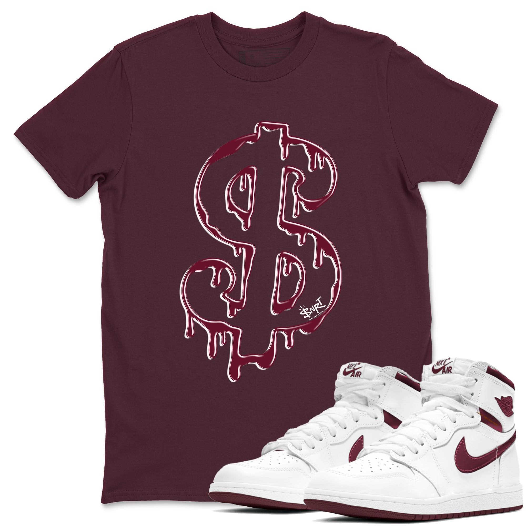 AJ1 Metallic Burgundy shirt to match jordans Dripping Dollar sneaker match tee Air Jordan 1 Metallic Burgundy Drip Gear Zone unisex cotton Maroon 1 crew neck shirt