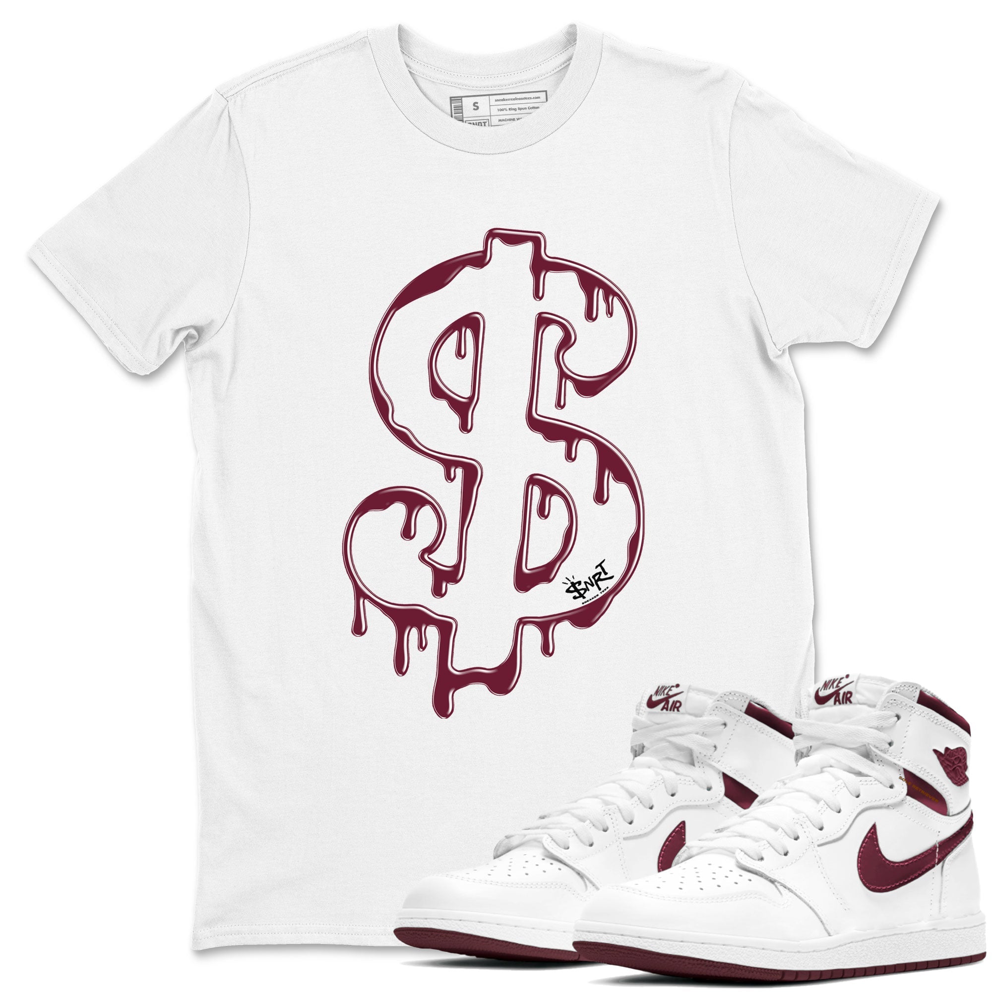 AJ1 Metallic Burgundy shirt to match jordans Dripping Dollar sneaker match tee Air Jordan 1 Metallic Burgundy Drip Gear Zone unisex cotton White 1 crew neck shirt