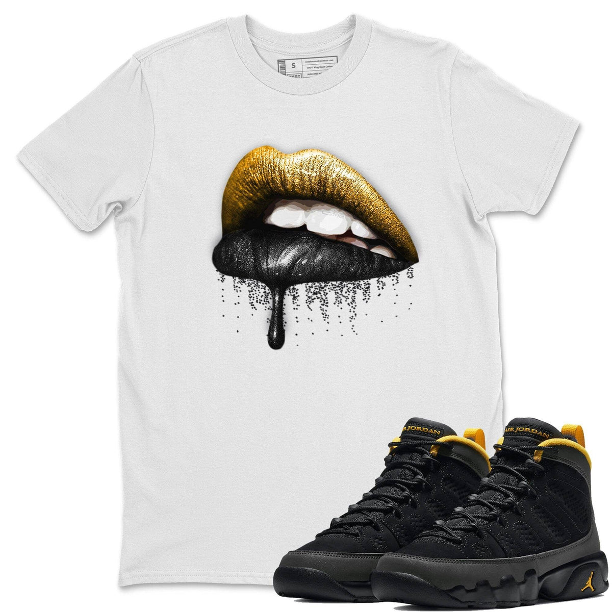 Jordan 9 University Gold Shirt To Match Jordans Dripping Lips Sneaker Tees Jordan 9 University Gold Drip Gear Zone Sneaker Matching Clothing Unisex Shirts