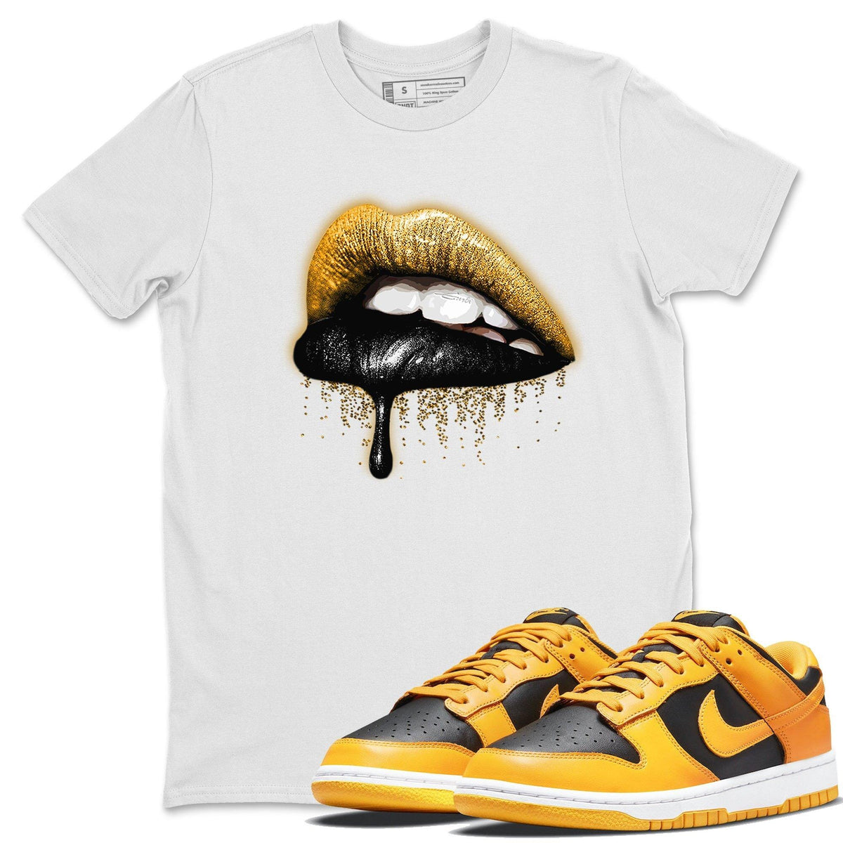 Dunk Championship Goldenrod Sneaker Match Tees Dripping Lips Sneaker Tees Dunk Championship Goldenrod Jordan to match sneaker T-Shirt Crew Neck Shirts