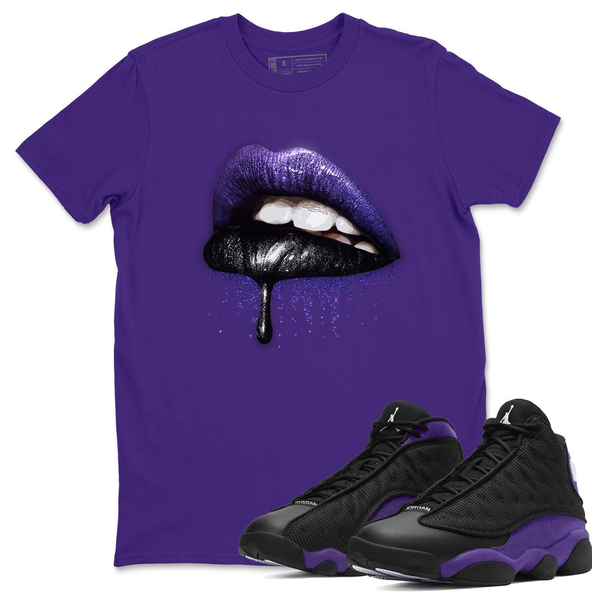 Jordan 13 Court Purple Sneaker Matching T-Shirt Dripping Lips Sneaker Tees Jordan 13 Court Purple Sneaker Release Tees Crew Neck Tees