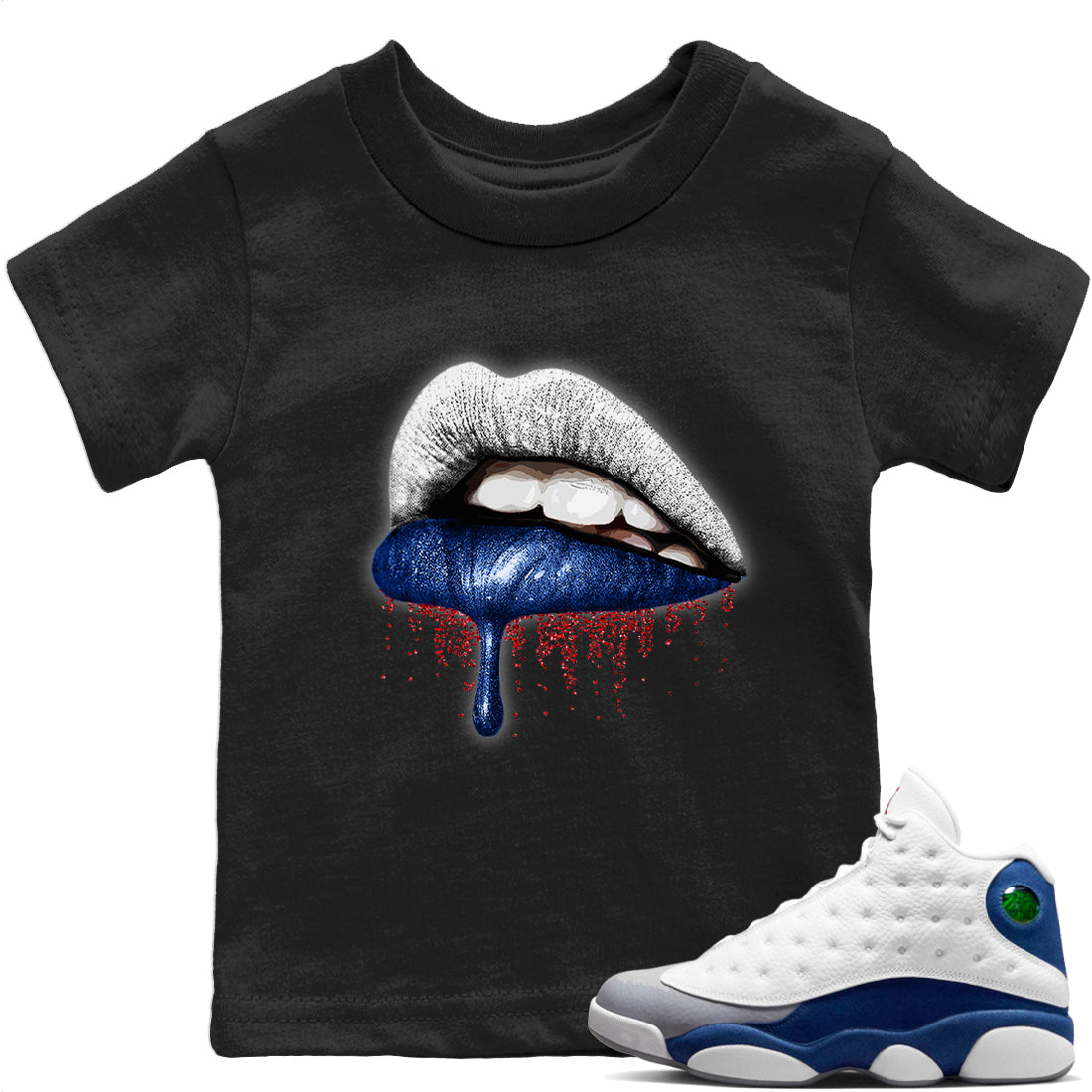 Jordan 13 French Blue Sneaker Matching T-Shirt Dripping Lips Sneaker Tees Jordan 13 French Blue Sneaker Release Tees Kids Shirts