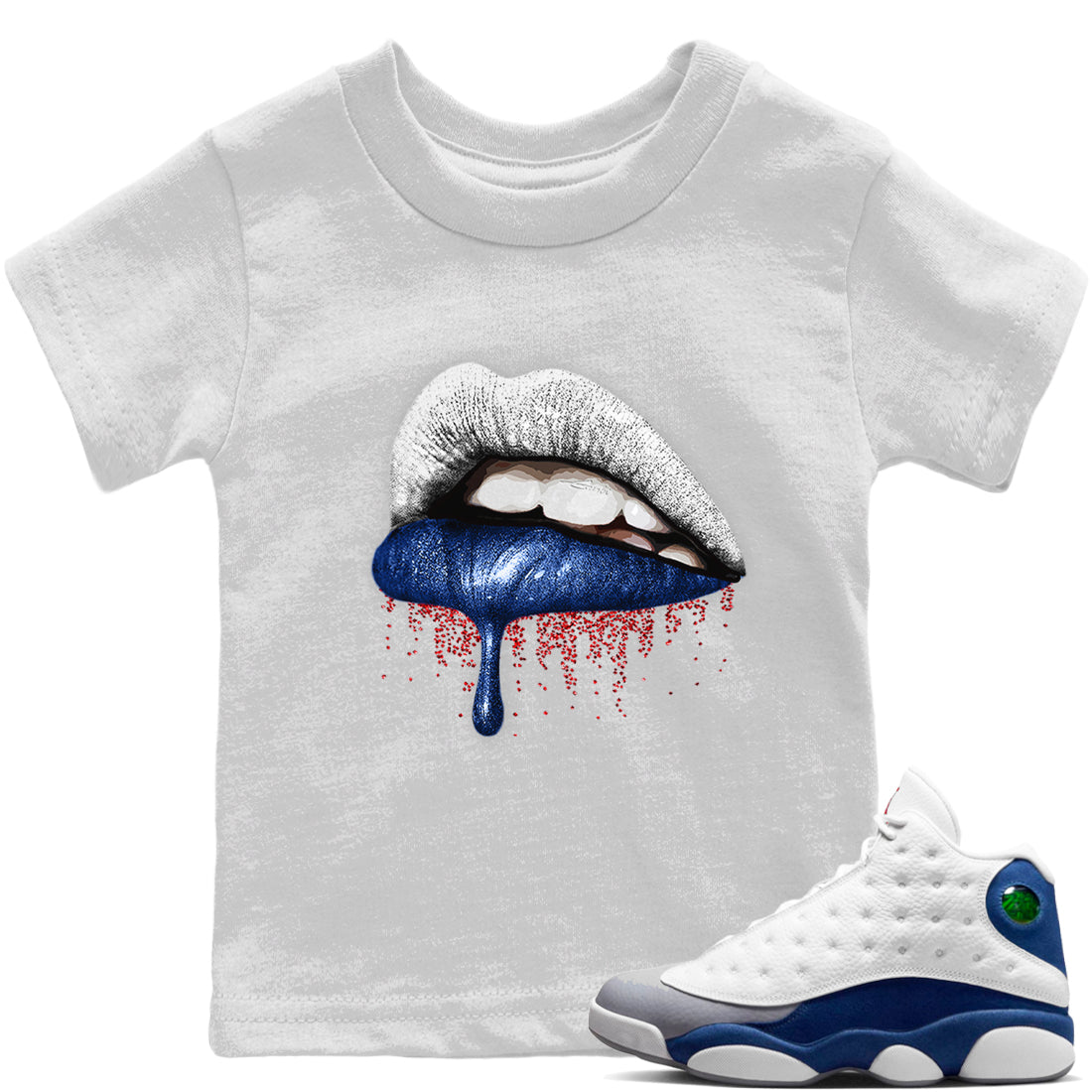 Jordan 13 French Blue Sneaker Matching T-Shirt Dripping Lips Sneaker Tees Jordan 13 French Blue Sneaker Release Tees Kids Shirts