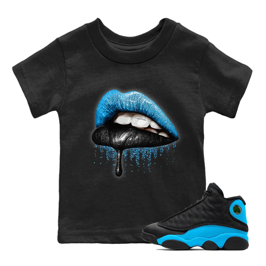 Jordan 13 UNC Sneaker Matching T-Shirt Dripping Lips Sneaker Tees Jordan 13 UNC Sneaker Release Tees Kids Shirts