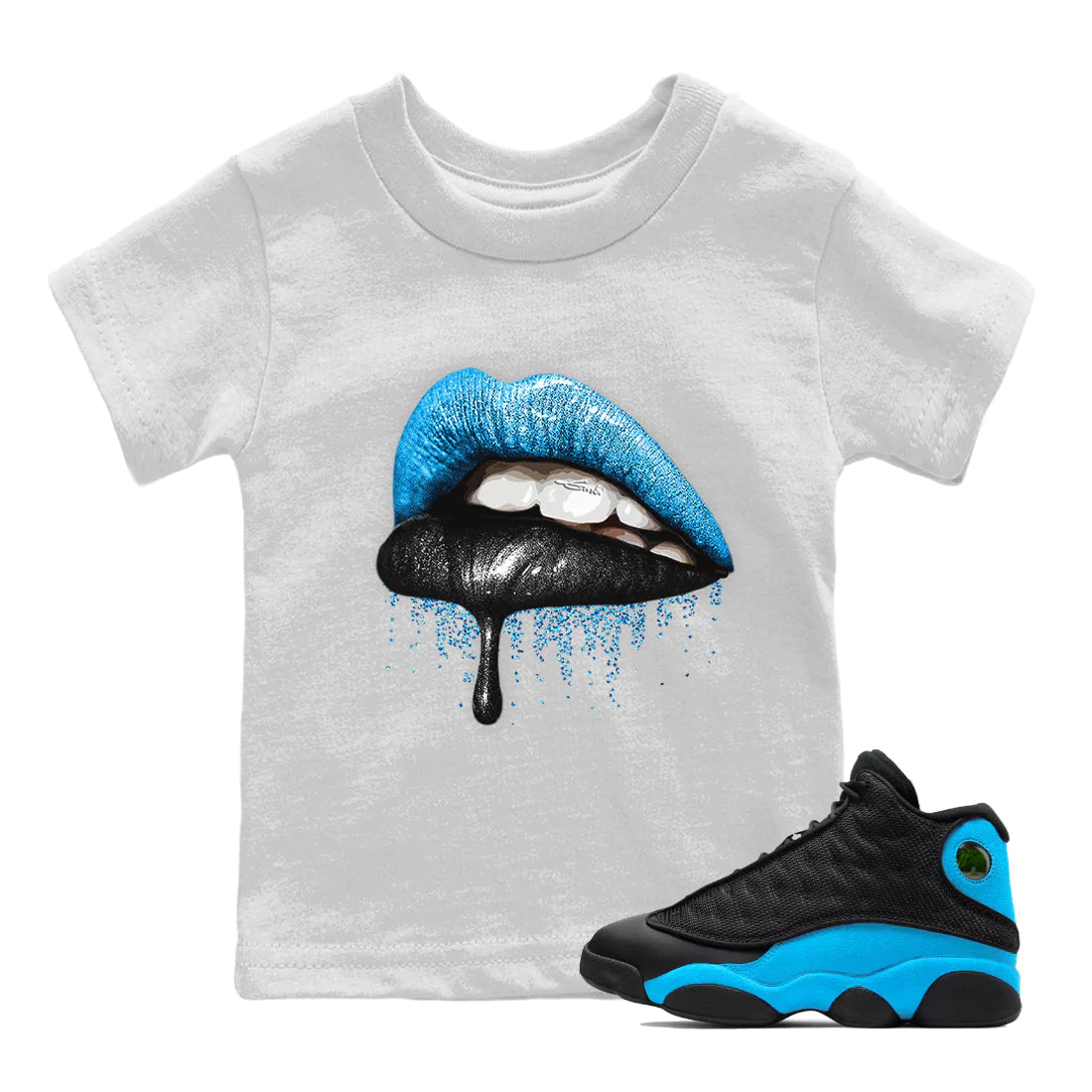 Jordan 13 UNC Sneaker Matching T-Shirt Dripping Lips Sneaker Tees Jordan 13 UNC Sneaker Release Tees Kids Shirts