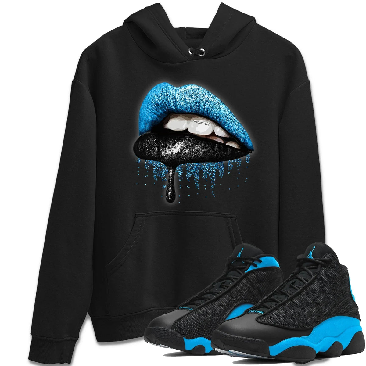 Jordan 13 UNC Sneaker Matching T-Shirt Dripping Lips Sneaker Tees Jordan 13 UNC Sneaker Release Tees Crew Neck Tees