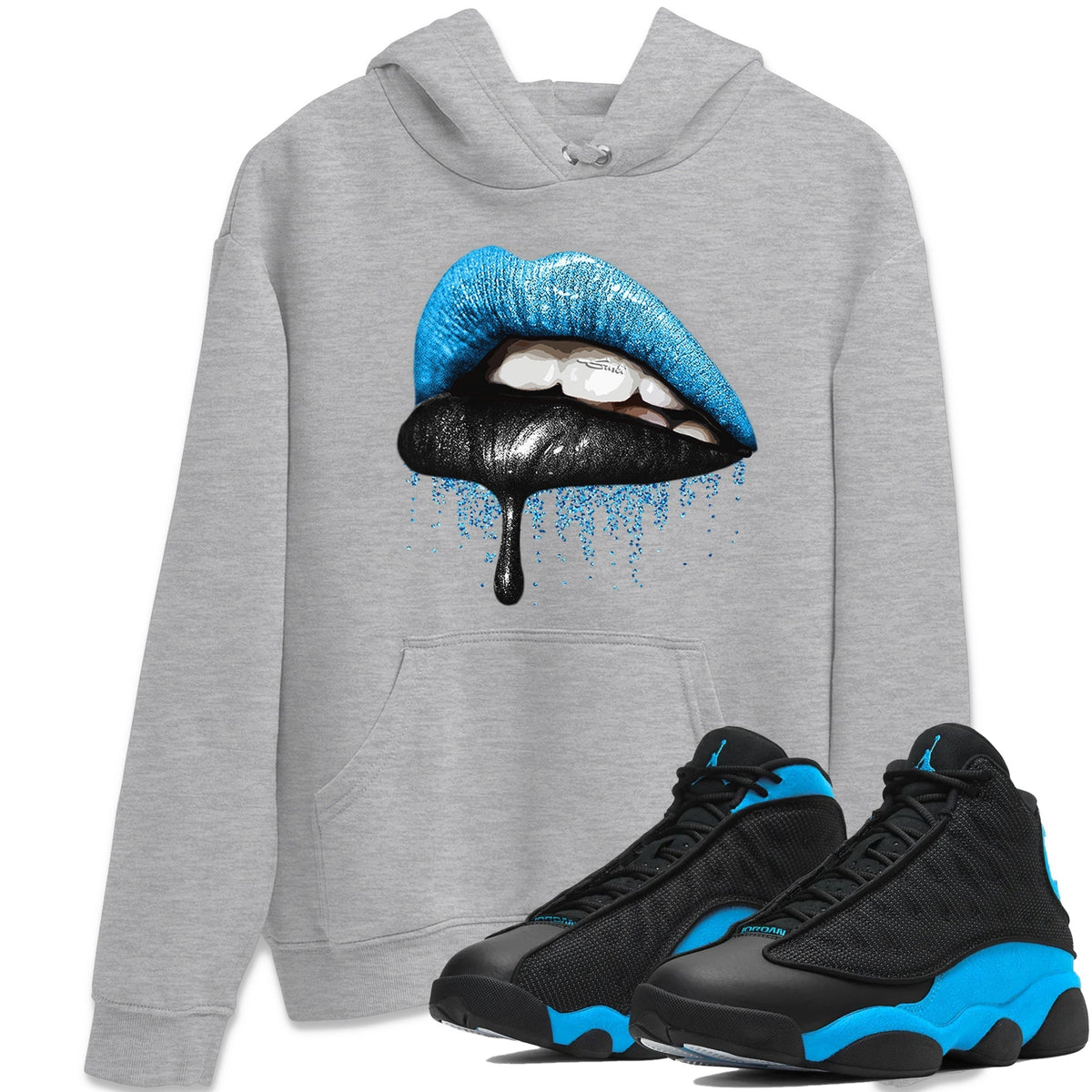Jordan 13 UNC Sneaker Matching T-Shirt Dripping Lips Sneaker Tees Jordan 13 UNC Sneaker Release Tees Crew Neck Tees