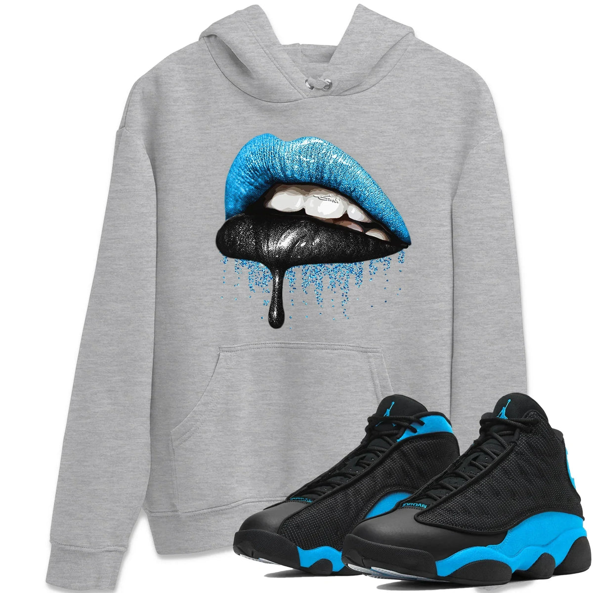 Jordan 13 UNC Sneaker Matching T-Shirt Dripping Lips Sneaker Tees Jordan 13 UNC Sneaker Release Tees Crew Neck Tees