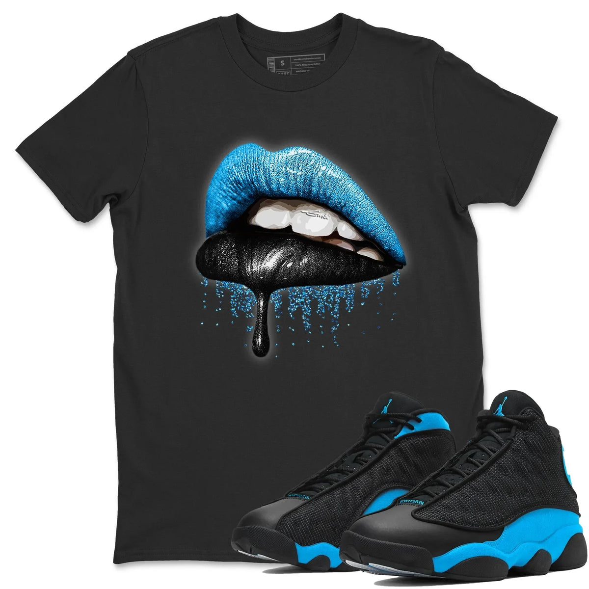 Jordan 13 UNC Sneaker Matching T-Shirt Dripping Lips Sneaker Tees Jordan 13 UNC Sneaker Release Tees Crew Neck Tees