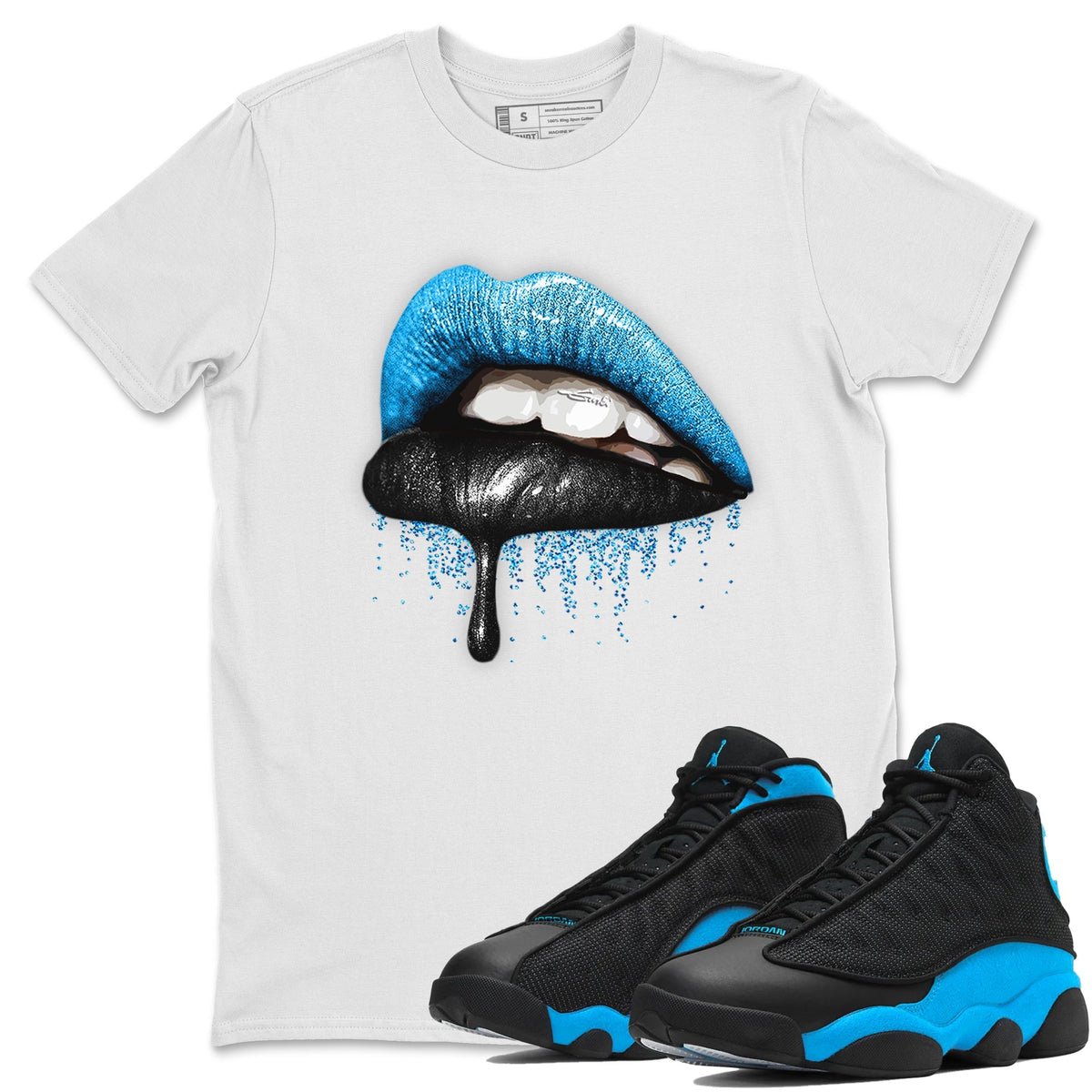 Jordan 13 UNC Sneaker Matching T-Shirt Dripping Lips Sneaker Tees Jordan 13 UNC Sneaker Release Tees Crew Neck Tees