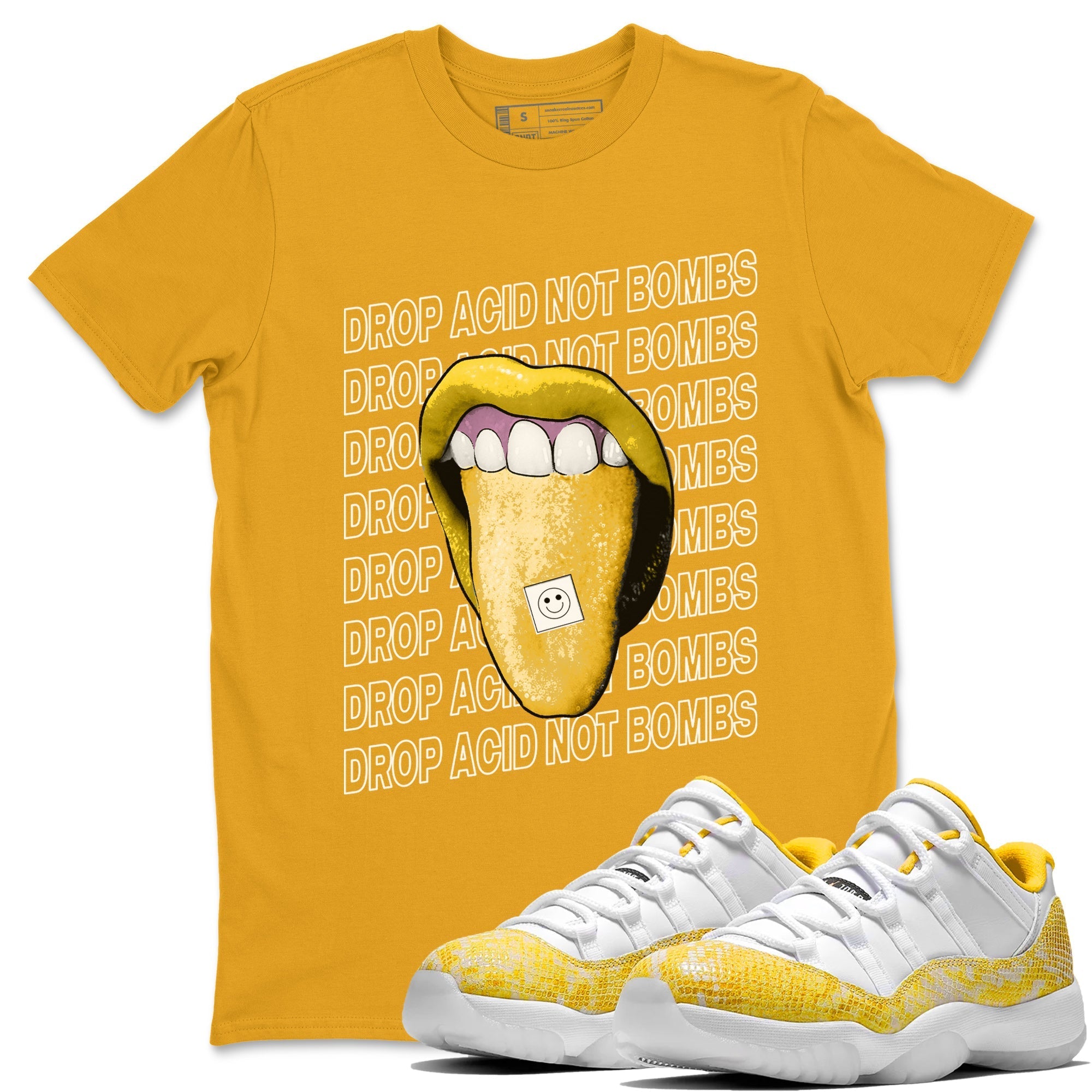 Air Jordan 11 Yellow Python Sneaker Match Tees Drop Acid Not Bombs Streetwear Sneaker Shirt Air Jordan 11 Snakeskin Shirts Unisex Shirts Gold 1