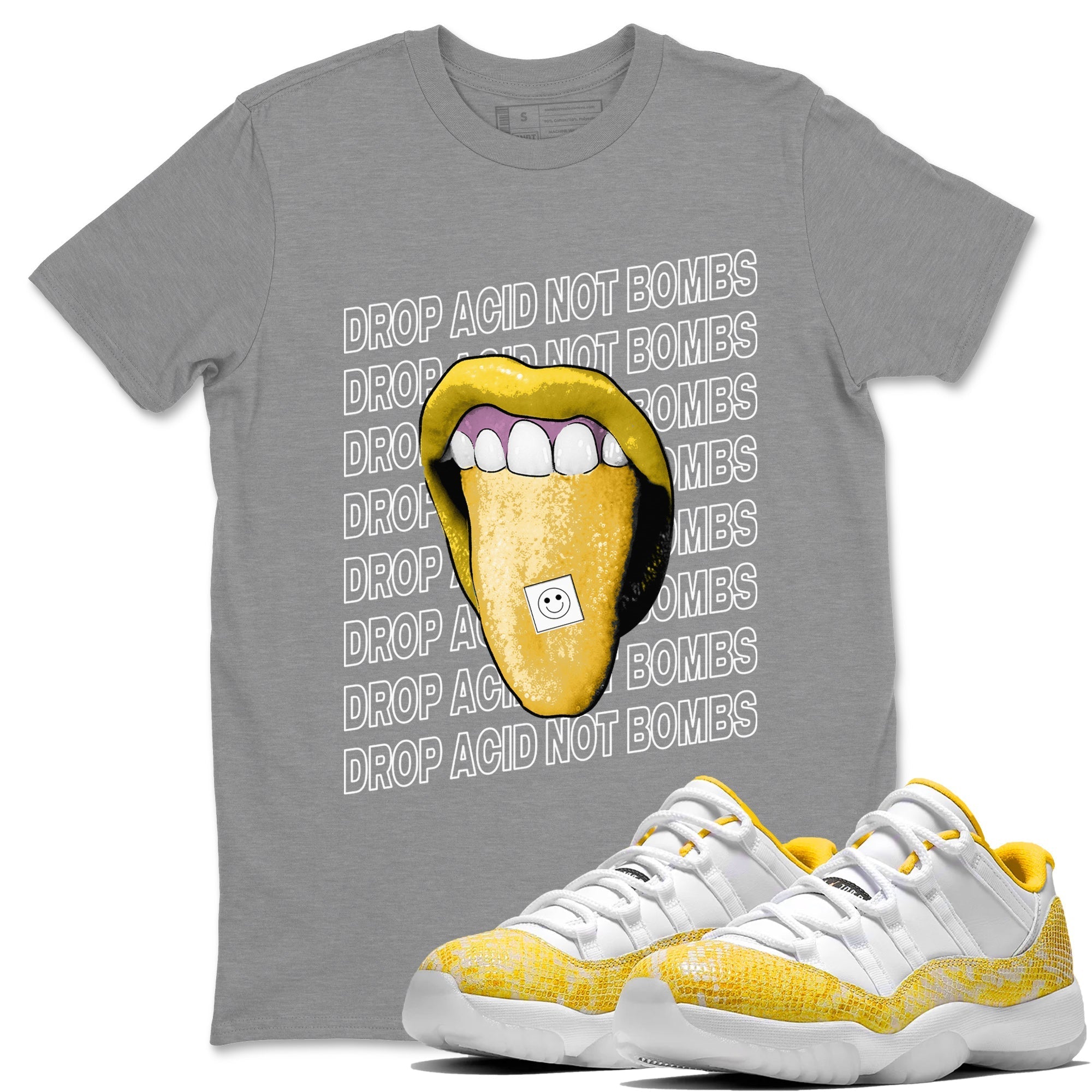 Air Jordan 11 Yellow Python Sneaker Match Tees Drop Acid Not Bombs Streetwear Sneaker Shirt Air Jordan 11 Snakeskin Shirts Unisex Shirts Heather Grey 1