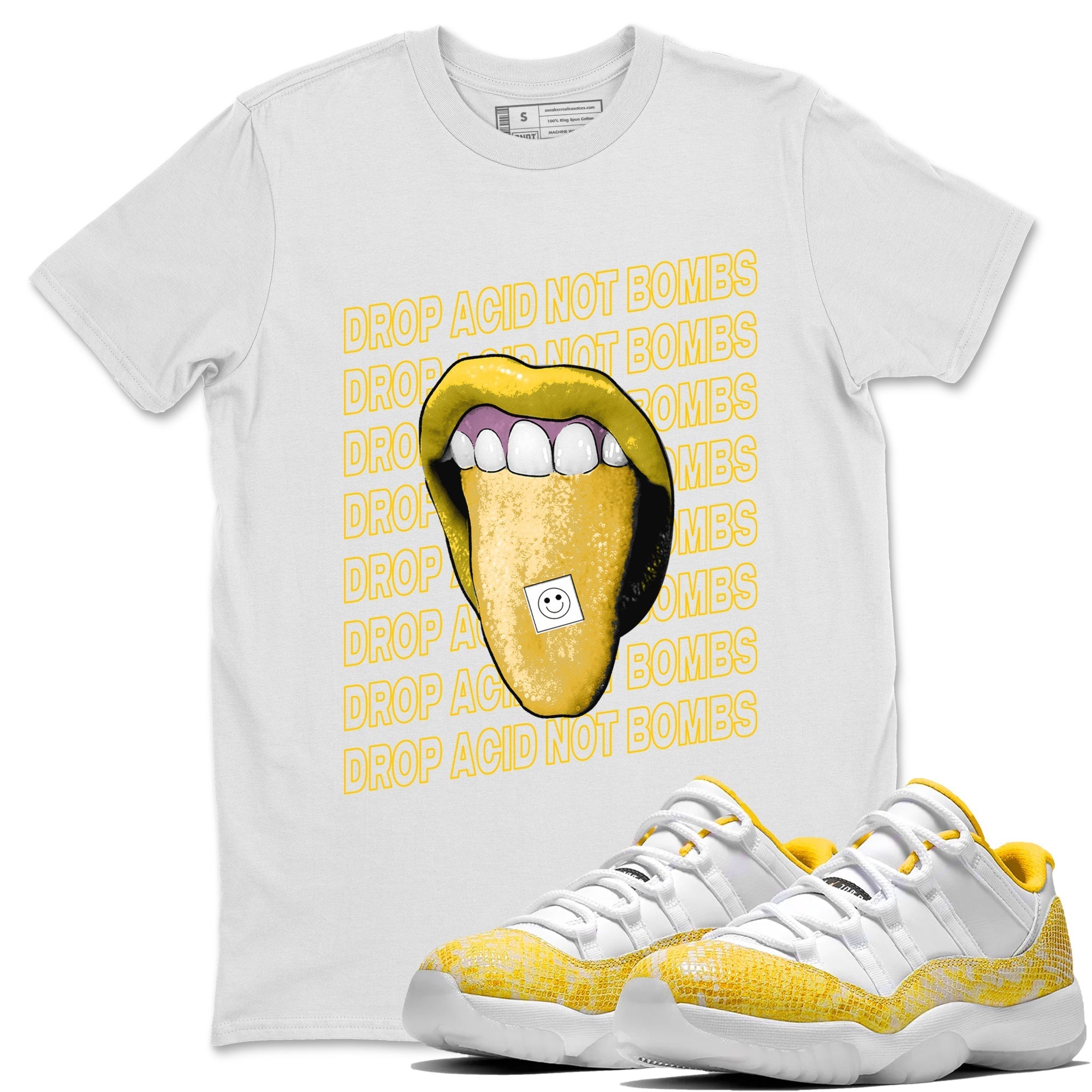 Air Jordan 11 Yellow Python Sneaker Match Tees Drop Acid Not Bombs Streetwear Sneaker Shirt Air Jordan 11 Snakeskin Shirts Unisex Shirts White 1