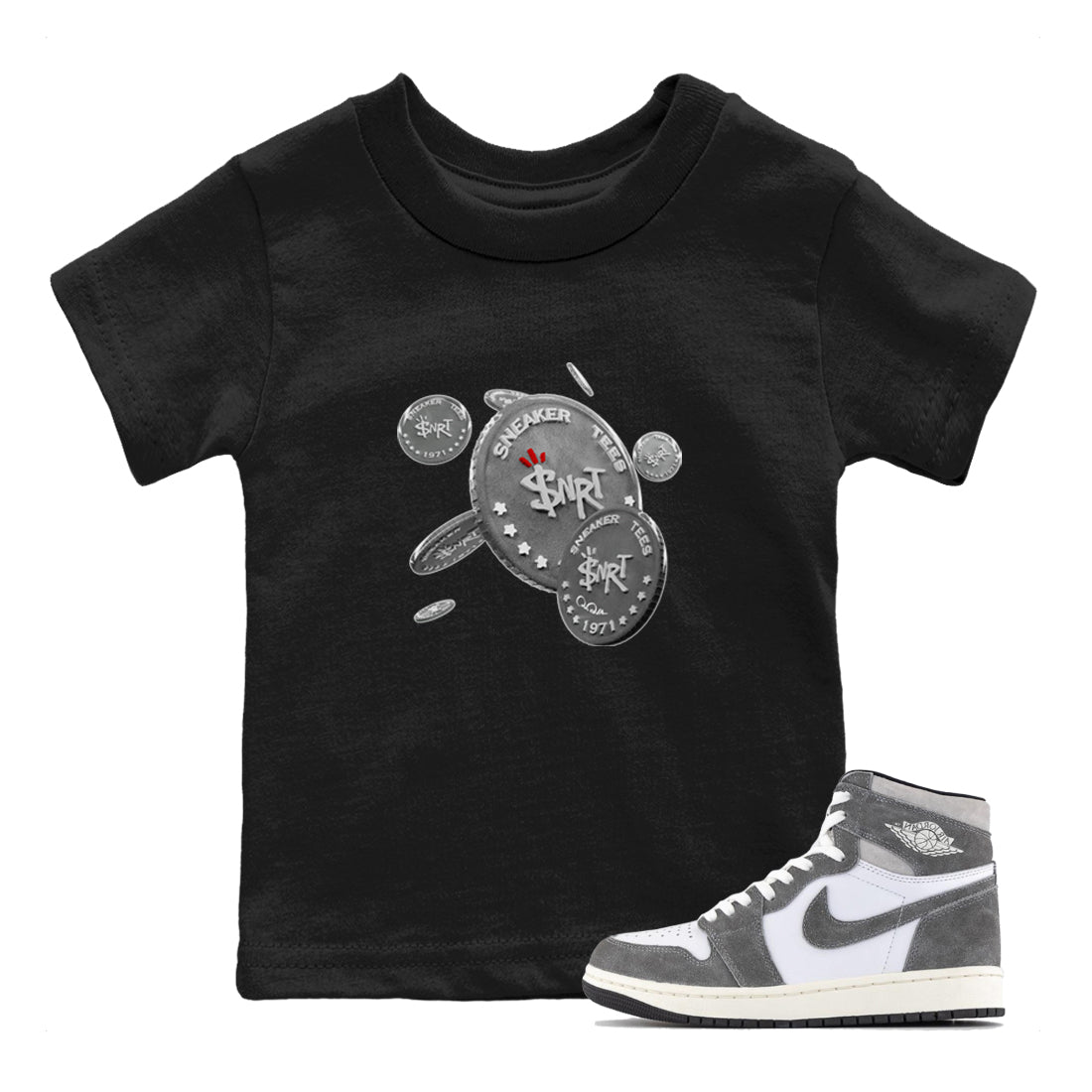 Air Jordan 1 Washed Heritage Sneaker Match Tees Drop Coin Streetwear Sneaker Shirt AJ1 Washed Heritage Sneaker Release Tees Kids Shirts Black 1
