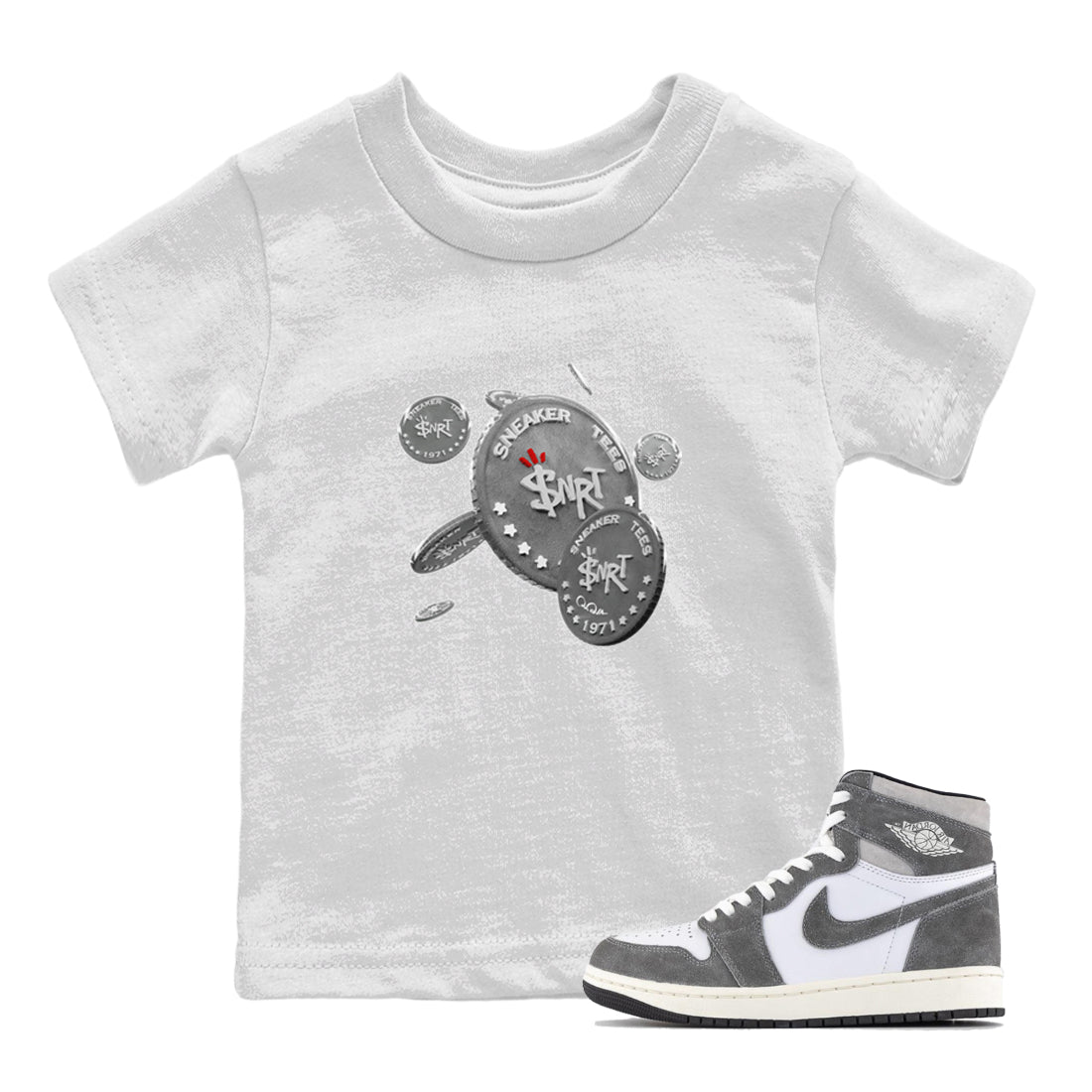 Air Jordan 1 Washed Heritage Sneaker Match Tees Drop Coin Streetwear Sneaker Shirt AJ1 Washed Heritage Sneaker Release Tees Kids Shirts White 1