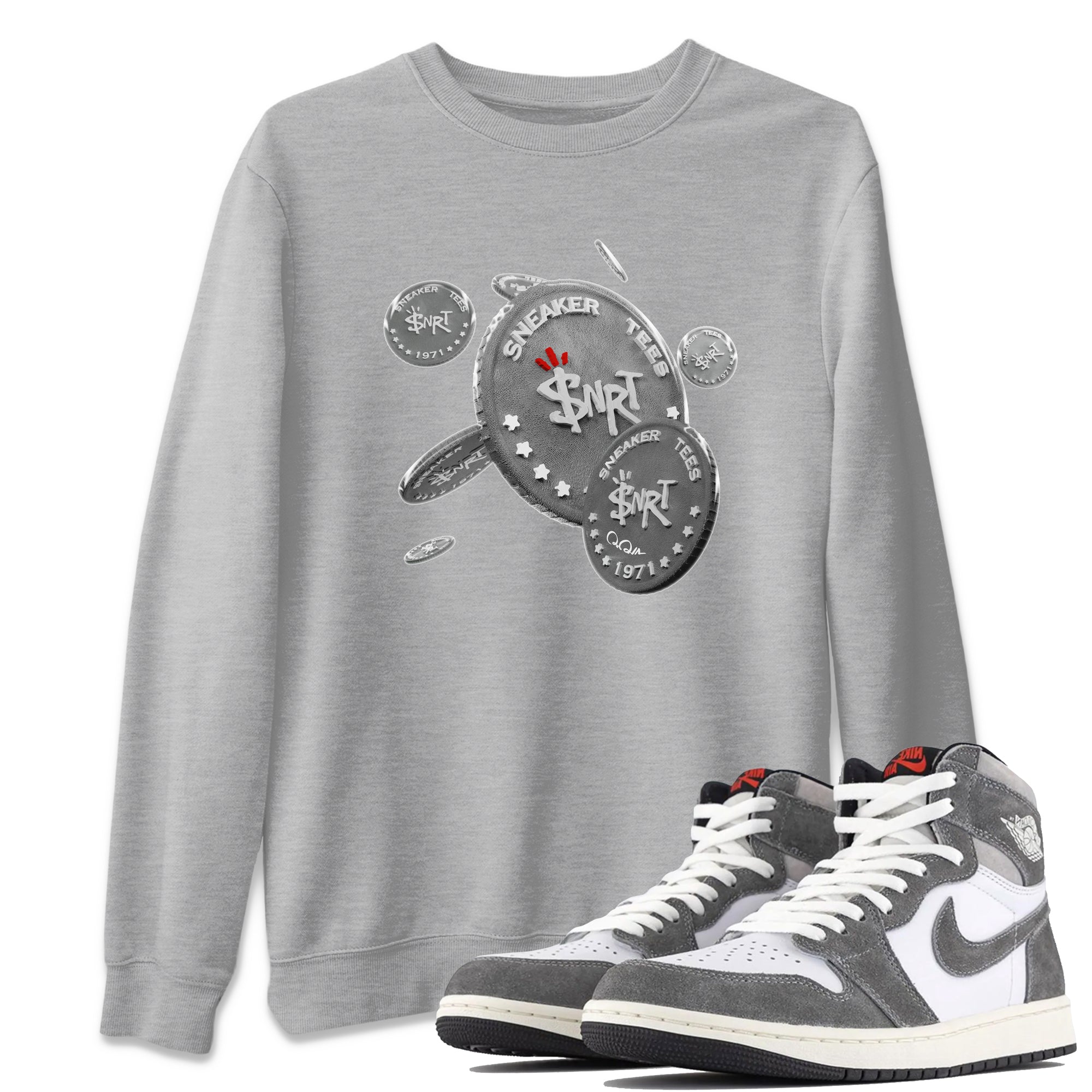 Air Jordan 1 Washed Heritage Sneaker Match Tees Drop Coin Streetwear Sneaker Shirt AJ1 Washed Heritage Sneaker Release Tees Unisex Shirts Heather Grey 1
