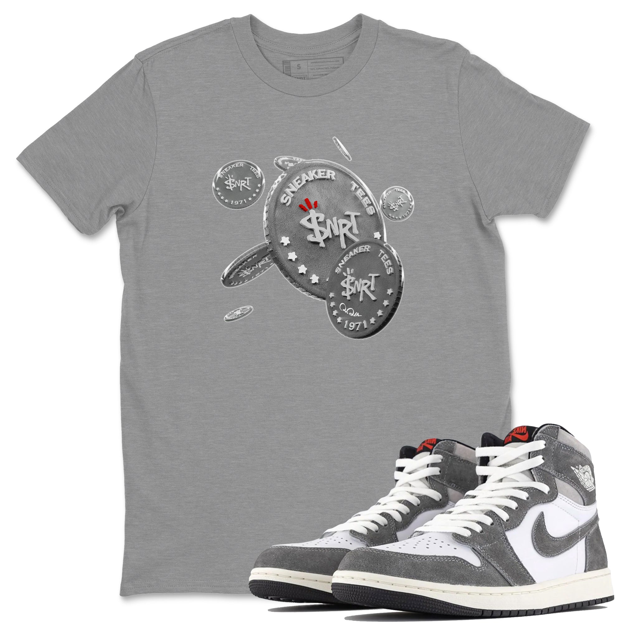 Air Jordan 1 Washed Heritage Sneaker Match Tees Drop Coin Streetwear Sneaker Shirt AJ1 Washed Heritage Sneaker Release Tees Unisex Shirts Heather Grey 1