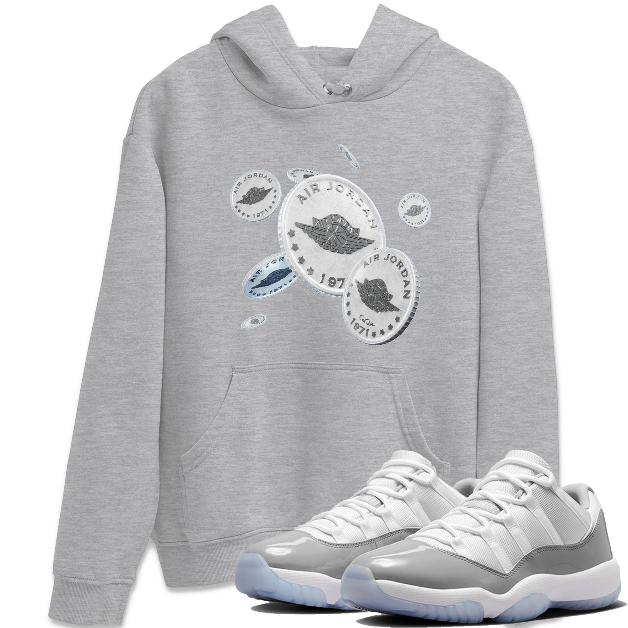 Air Jordan 11 White Cement Sneaker Match Tees Drop Coin Streetwear Sneaker Shirt Air Jordan 11 Cement Grey Sneaker Release Tees Unisex Shirts Heather Grey 1