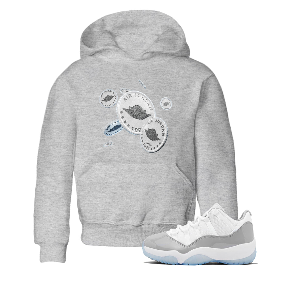 Air Jordan 11 White Cement Sneaker Match Tees Drop Coin Streetwear Sneaker Shirt Air Jordan 11 Cement Grey Sneaker Release Tees Kids Shirts Heather Grey 1