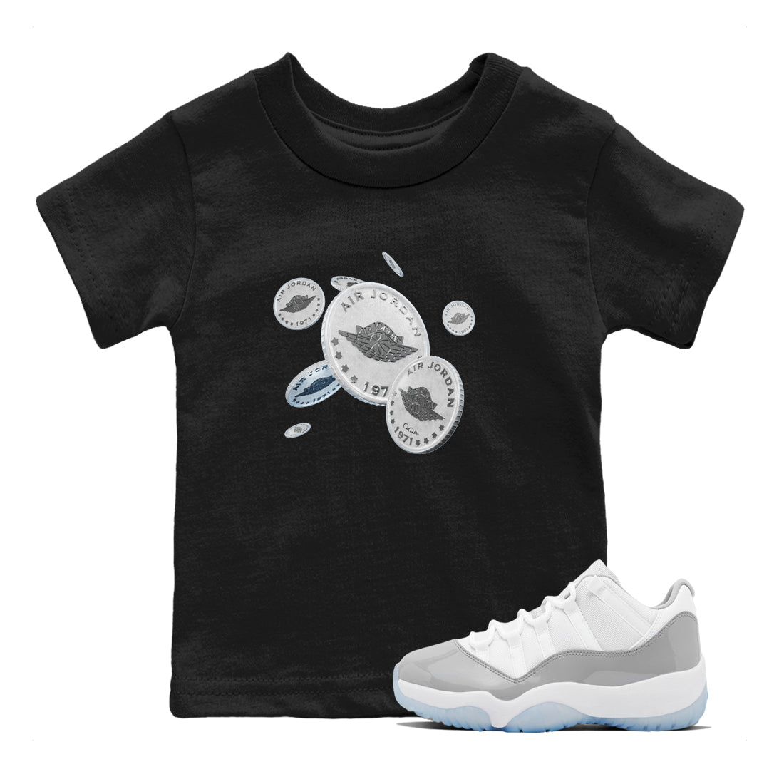 Air Jordan 11 White Cement Sneaker Match Tees Drop Coin Streetwear Sneaker Shirt Air Jordan 11 Cement Grey Sneaker Release Tees Kids Shirts Black 1