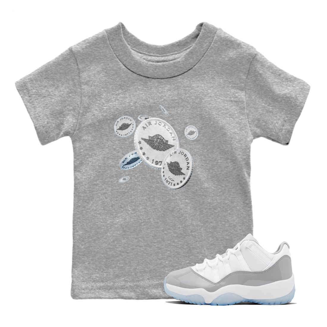 Air Jordan 11 White Cement Drop Coin Baby and Kids Streetwear Sneaker Shirt Air Jordan 11 Cement Grey Kids Streetwear Sneaker Shirt Size Chart